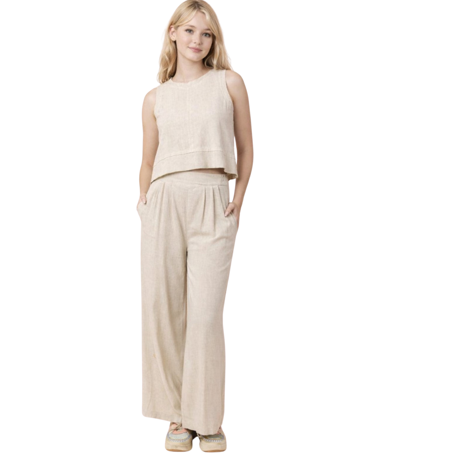 Woven Sleeveless Top and Bottom Set in Oatmeal 