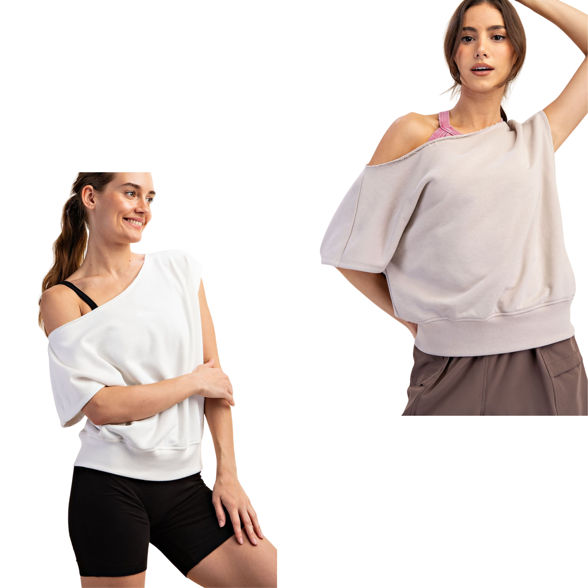 Effortless elegance meets comfort in this French Terry Off-The-Shoulder Top by Rae Mode. The relaxed off-the-shoulder neckline creates a flattering, contemporary silhouette perfect for casual outings or layered styling. Crafted from soft French terry fabric, it offers a cozy feel without sacrificing style. Available in versatile Off White and Light Taupe, this top pairs seamlessly with your favorite bottoms for an understated, chic look.