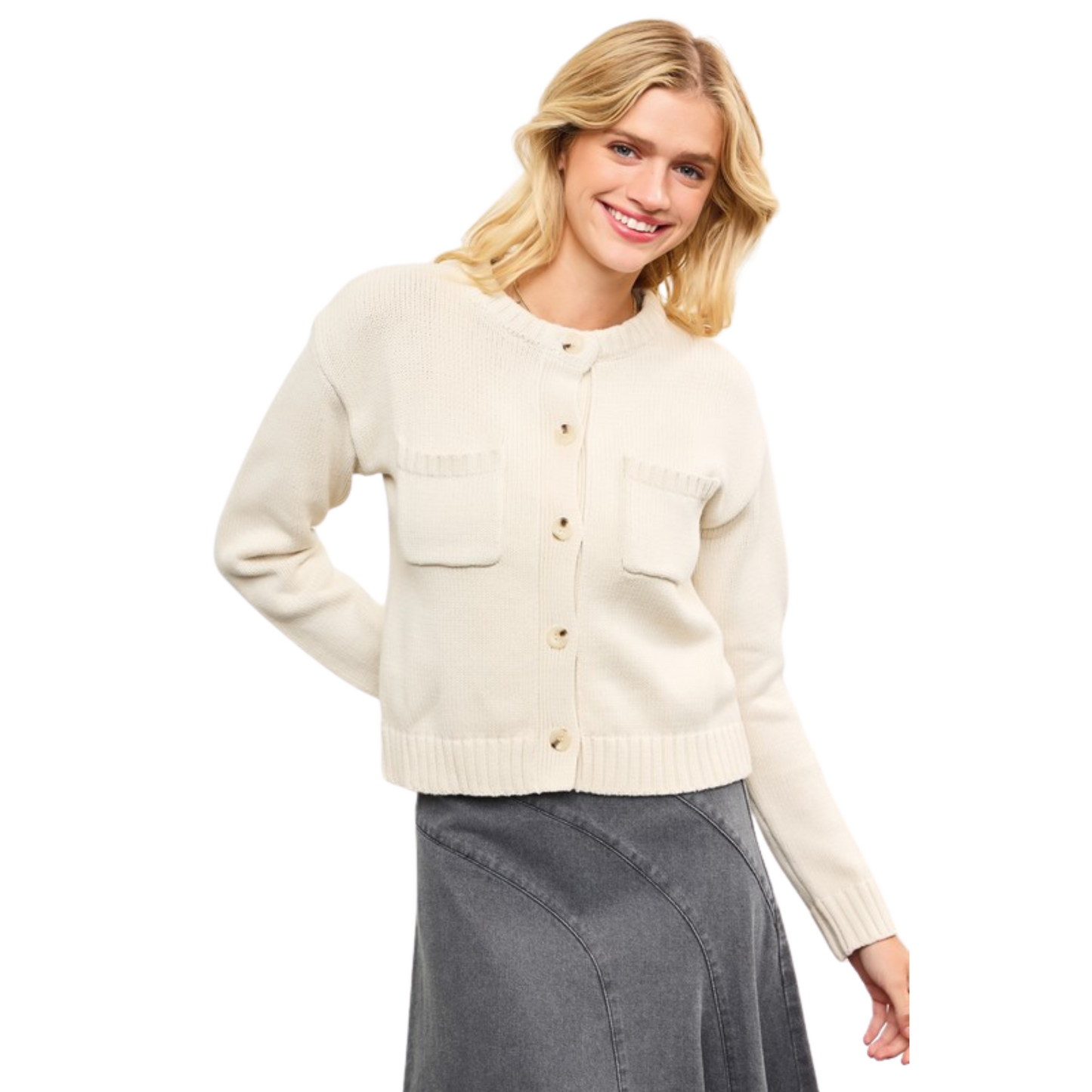 Ribbed button up cropped sweater in off white