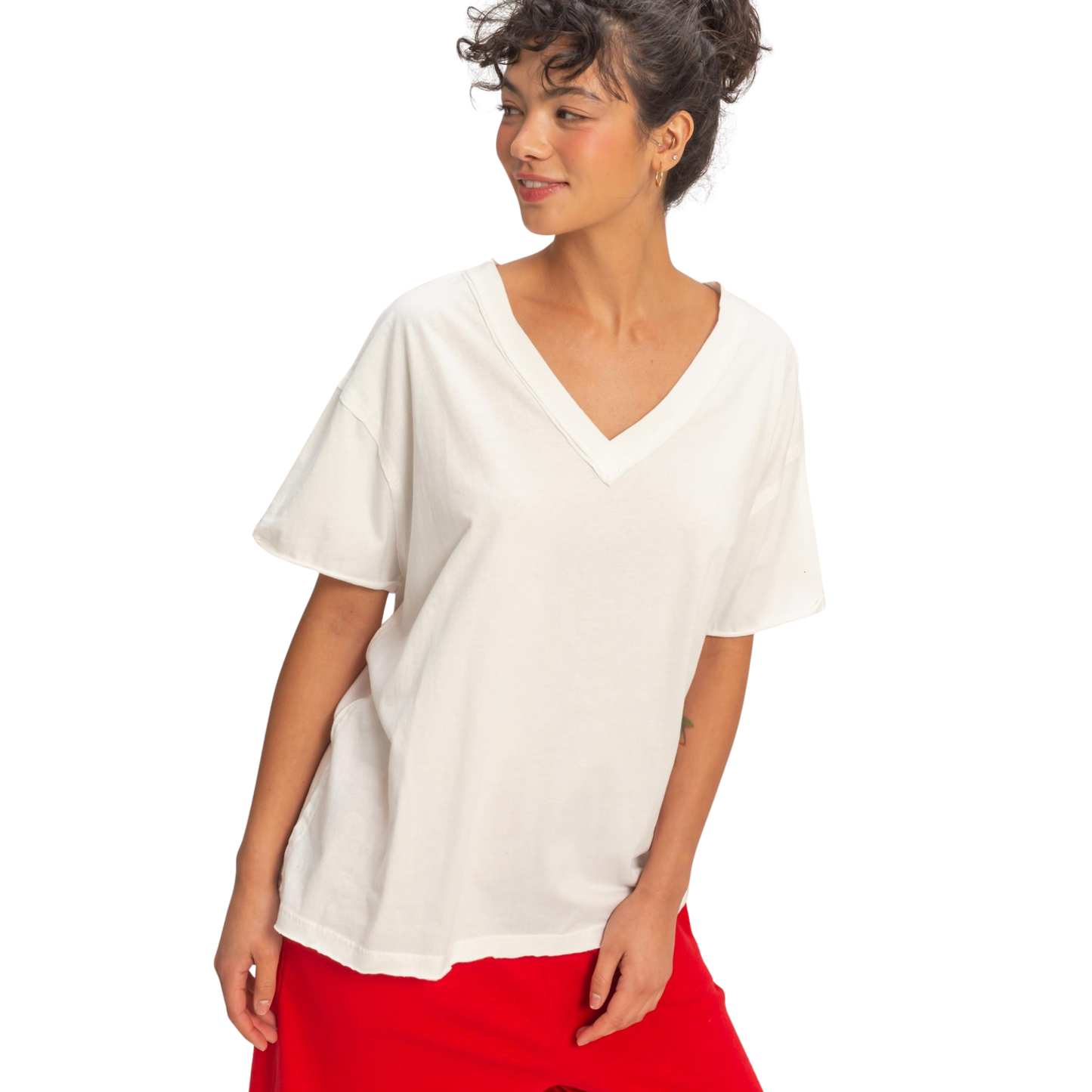 Washed oversize v-neck top in off white