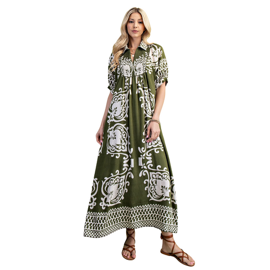 This GiGio puff sleeve midi dress features a sophisticated olive color combined with a unique mixed print, offering a refined yet contemporary look. The voluminous puff sleeves add a touch of elegance and structure, while the midi length ensures versatile wear for various occasions. Crafted to balance style and comfort, this dress is an expert choice for those seeking a distinctive, fashion-forward piece.