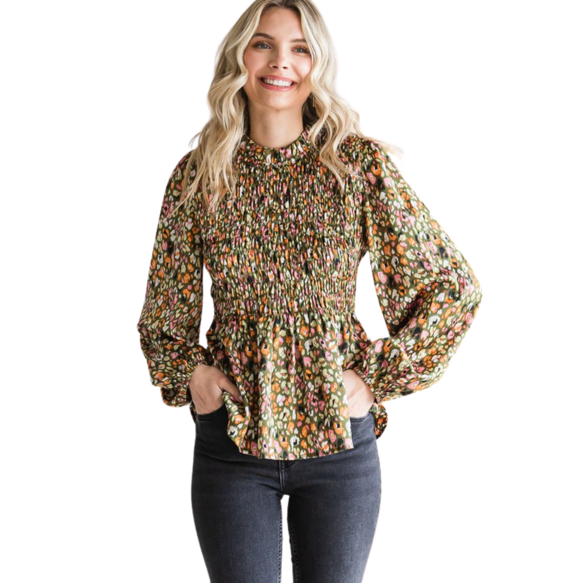 This olive Smocked Bodice Babydoll Top is perfect for adding a feminine touch to your wardrobe. Its U-neck and smocked bodice perfectly compliment its long balloon sleeves, creating an eye-catching statement piece. Made from sheer, lightweight fabric, this plus size top is a must-have for any wardrobe.