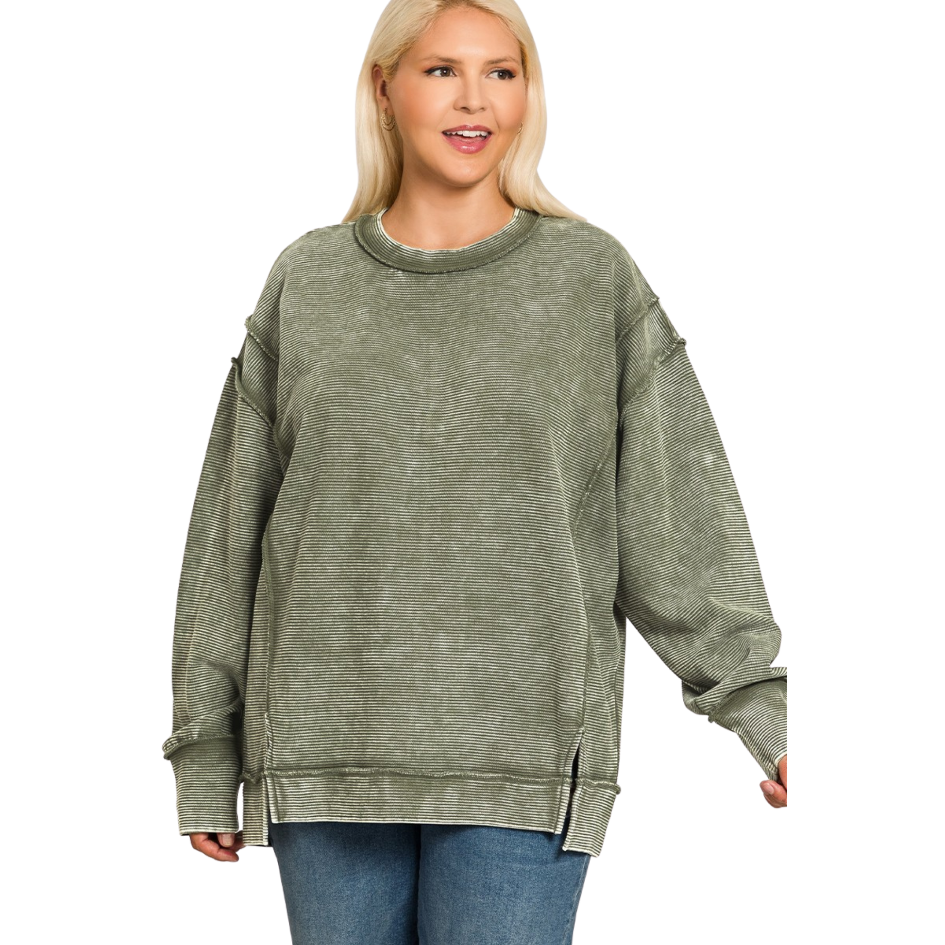 Zenana's plus-size ribbed sweatshirt combines comfort with contemporary style in a sophisticated dark olive hue. The ribbed texture adds visual interest and structure, while long sleeves provide versatile layering for any season. Crafted for a flattering fit, this sweatshirt transitions effortlessly from casual weekends to relaxed workdays. The acid-washed finish delivers an on-trend aesthetic that pairs well with your existing wardrobe staples.
