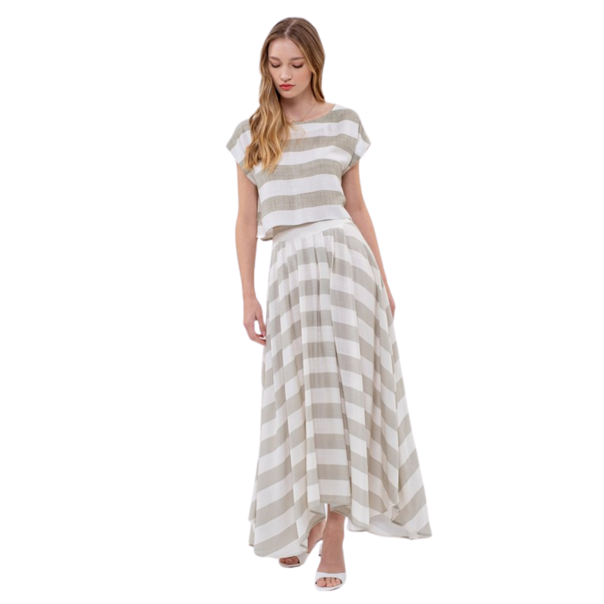 This olive and white striped top and bottom set effortlessly combines style and comfort. The short-sleeve cropped top and midi skirt create a modern silhouette, perfect for any occasion. Made from high-quality fabric, this set is a must-have addition to your wardrobe.