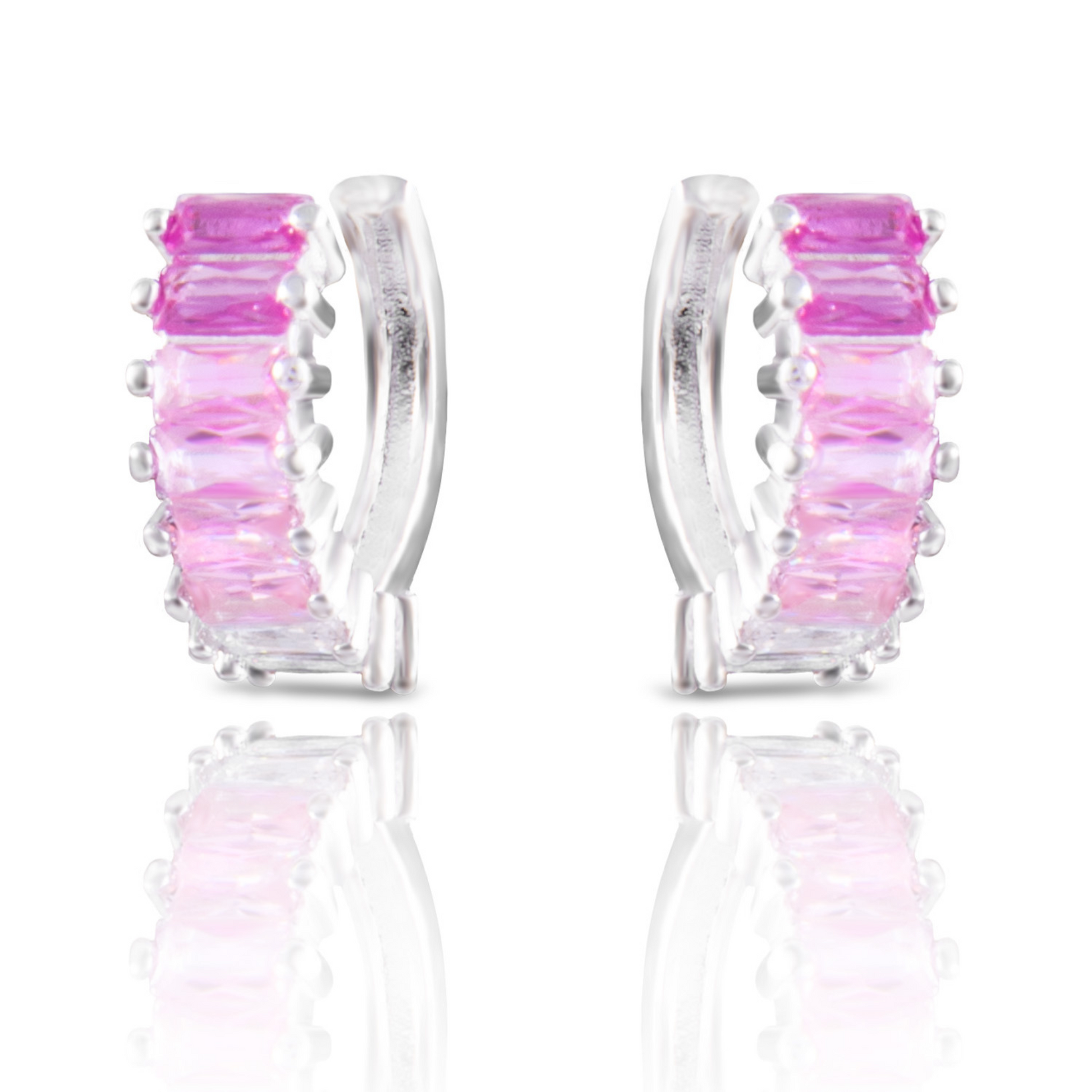 Expertly designed, these Ombre Bagette Huggie Earrings feature a stunning pink and silver ombre design. The small hoops add a touch of elegance, making them perfect for any occasion. Elevate your style with these unique, eye-catching earrings.