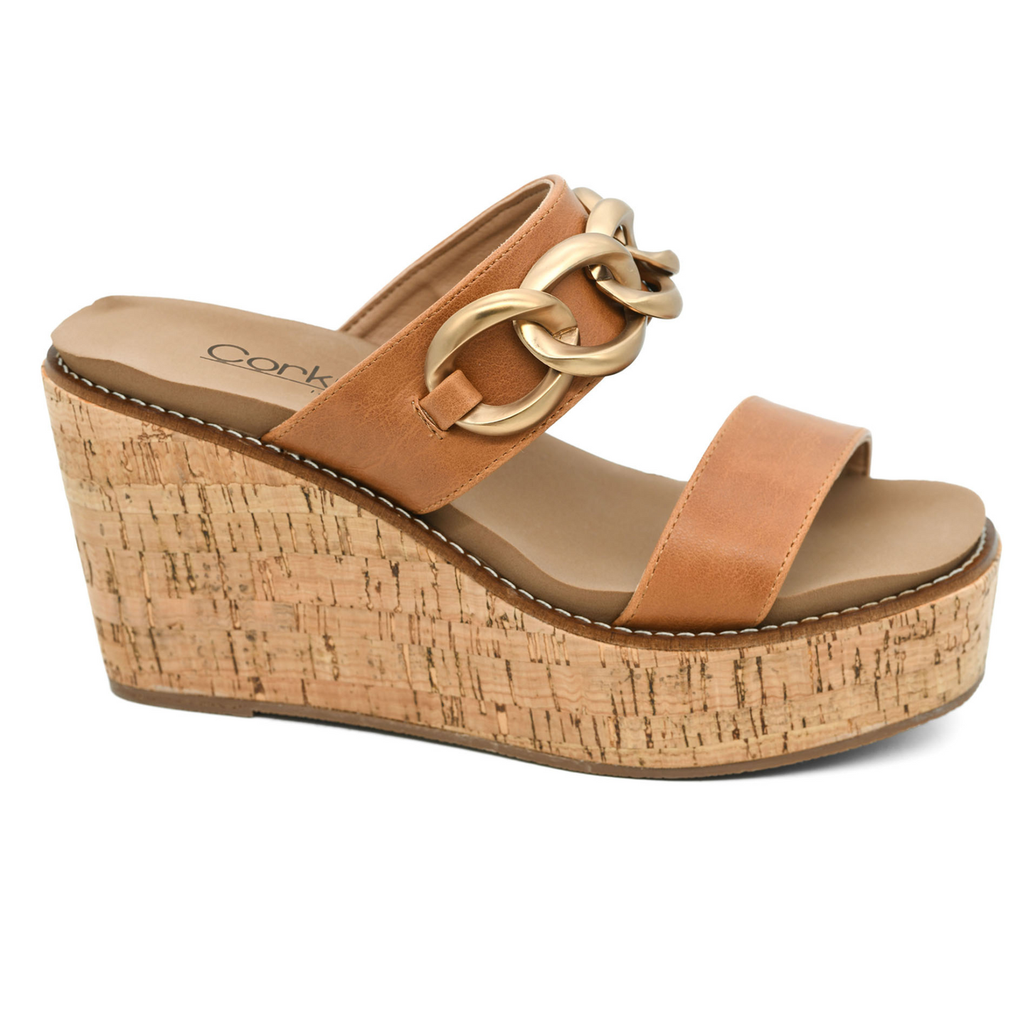 On Vacay sandals in elegant cognac color by Corkys brand. Featuring a stylish chain accent and a comfortable wedge for all-day wear. The perfect accessory for your next vacation or a day out in the city. Elevate your style with these fashionable and versatile sandals.