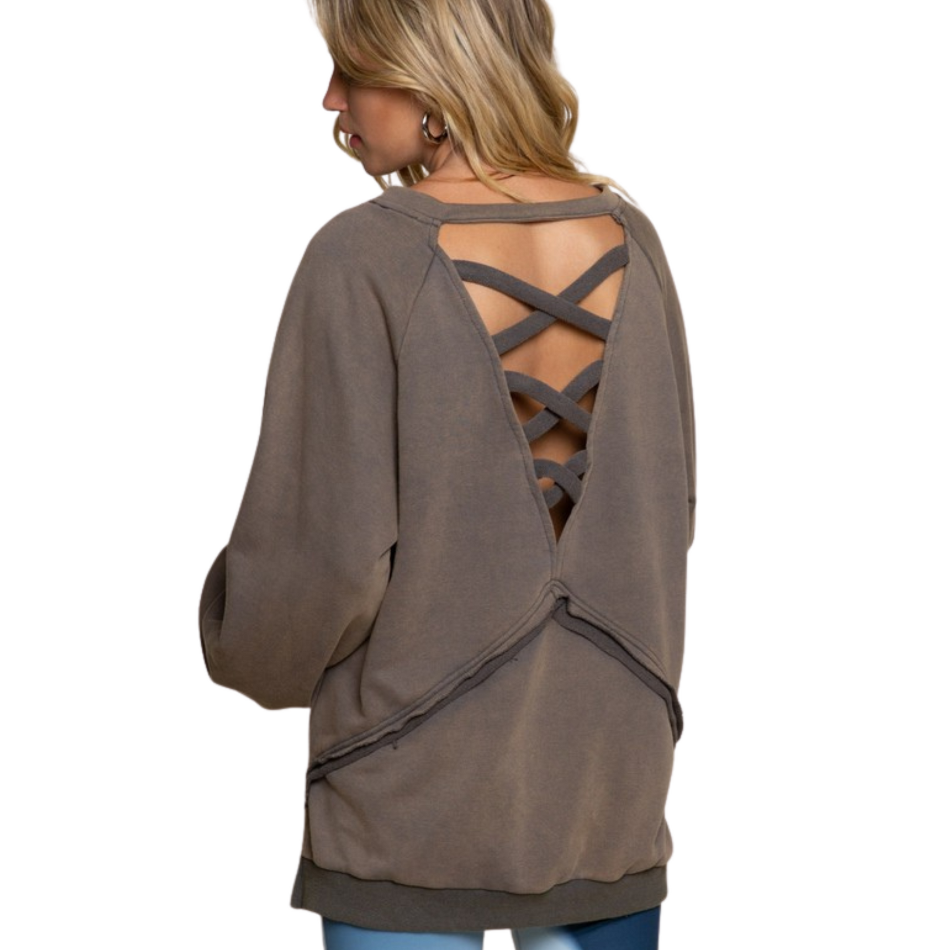 This Open Back Balloon Sleeve Sweatshirt has a relaxed fit for maximum comfort. Its unique balloon long sleeves with outseam details and cross strap back design details make it a stand-out style. The side slits and french terry sweater top provide breathability and an extra touch of style.