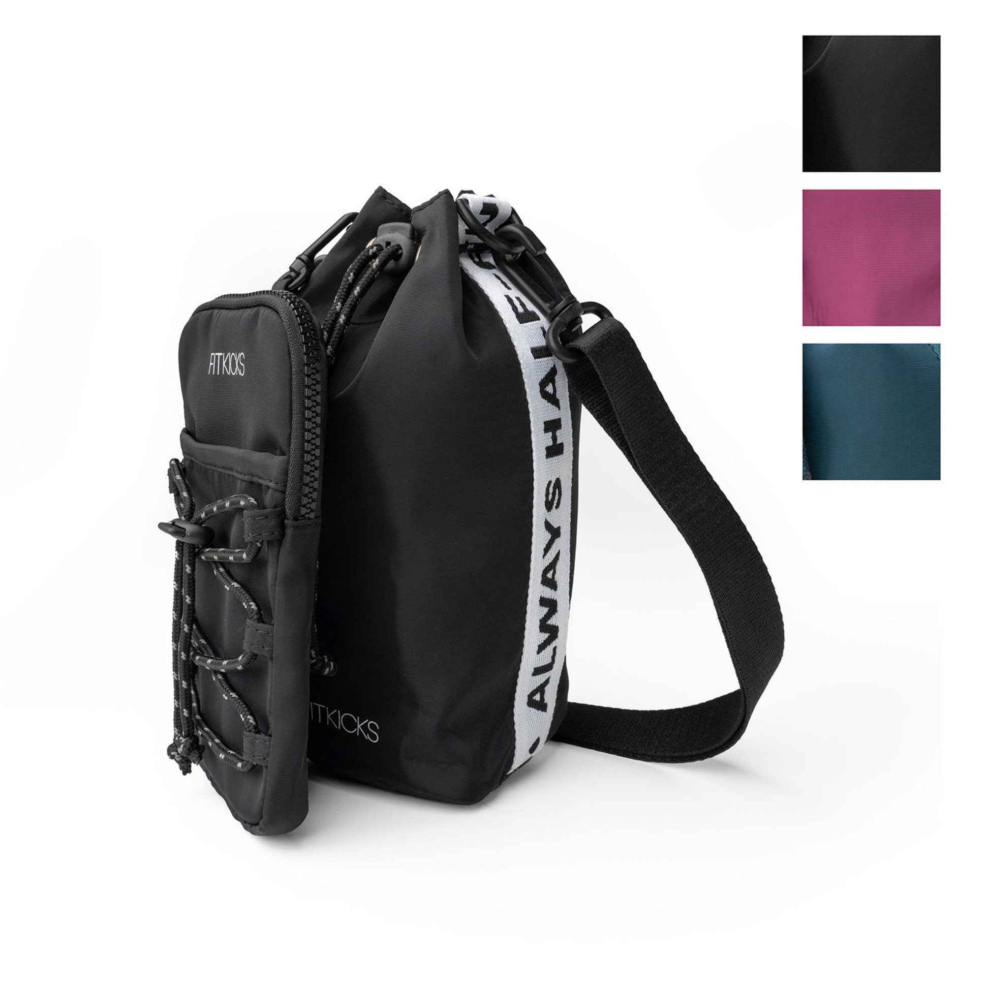 Optimist H20 Crossbody and Phone Pouch. Available in black, purple, and teal.