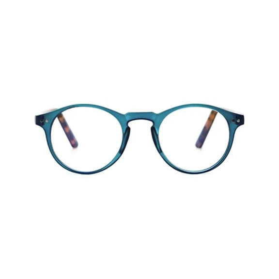 Blue framed reading glasses. Style name is Sanford