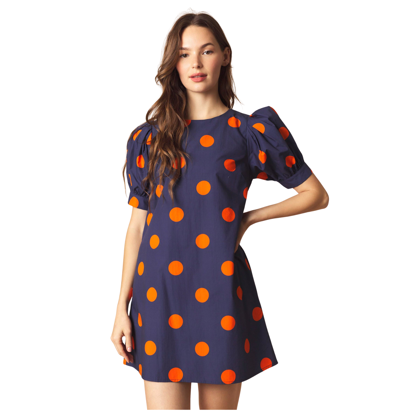 Puff Sleeve Mini Dress in orange and blue