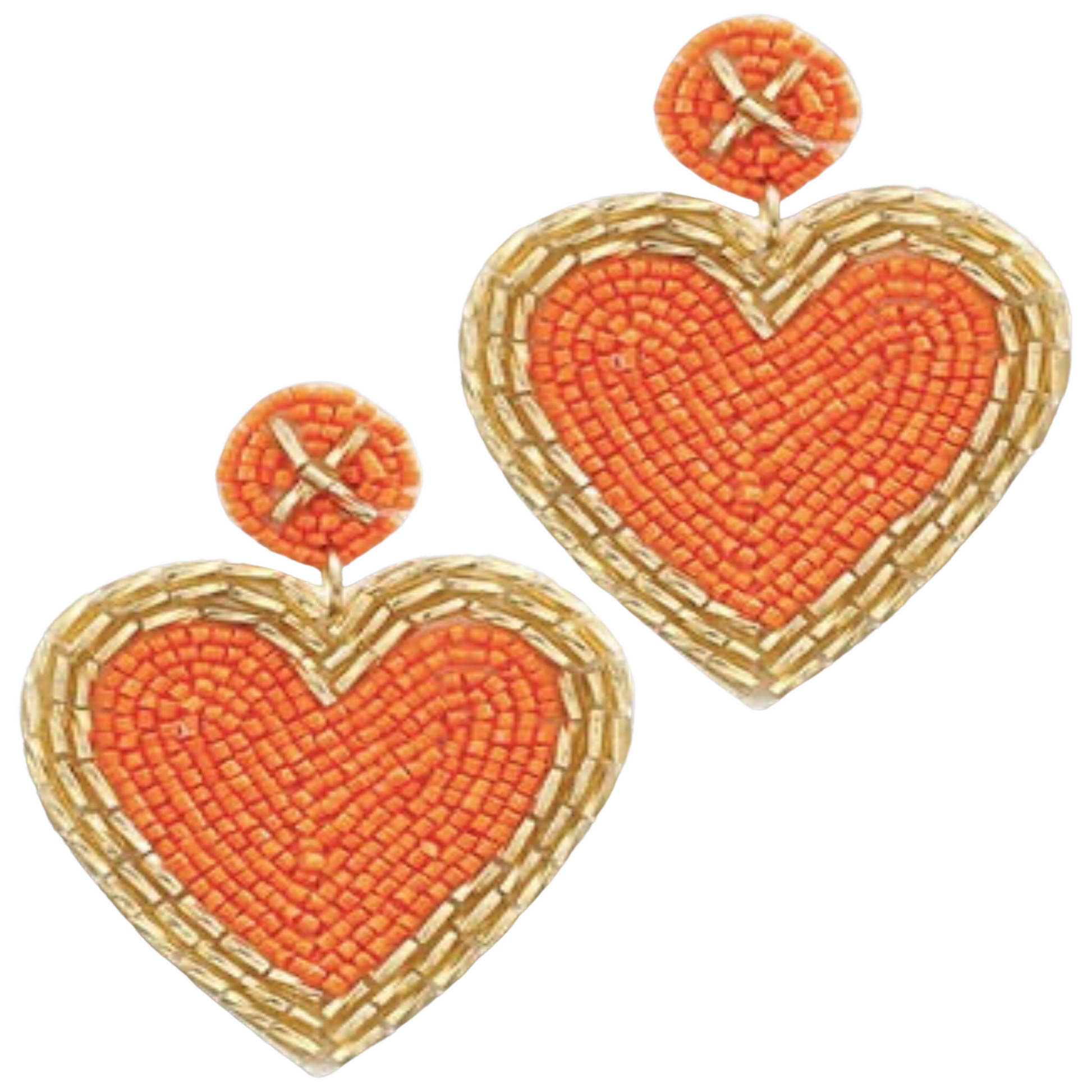 orange beaded heart shaped dangle earrings with gold trim