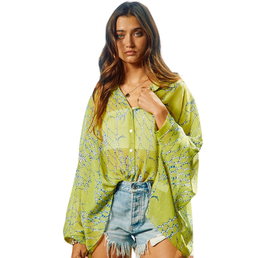 Stay cool in summer with our Oversized Batwing Sheer Top. Crafted from breathable sheer fabric, this green top features a button-up front and long sleeves for lightweight coverage. Perfect for outdoors or beach days.