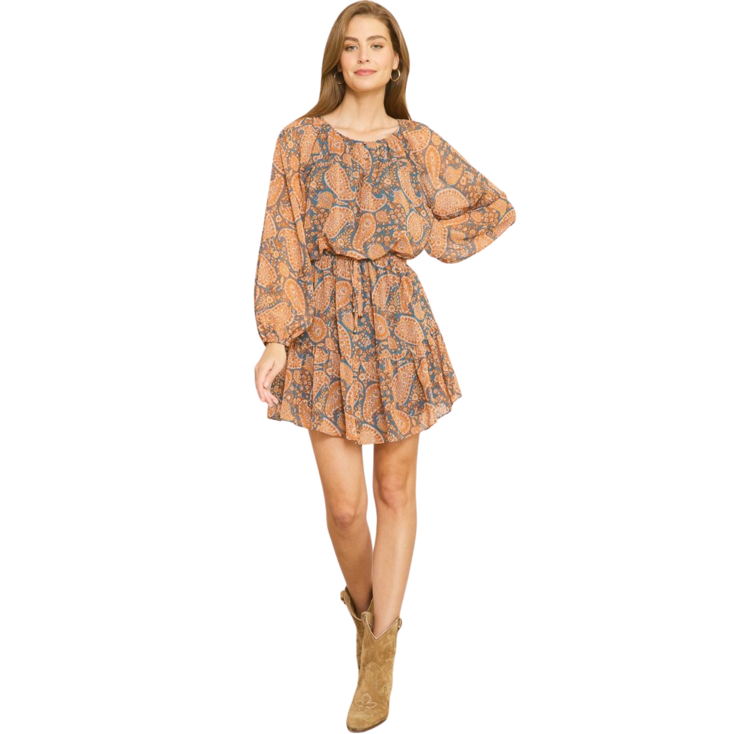 Stand out with style in this Long Sleeve Paisley Print Mini Dress. It features a unique paisley print, boat neckline, long sleeves with elastic cuffs, and front buttons. The self-tie at the waist and lightweight woven fabric provide a flattering fit. This dress is fully lined for added comfort.