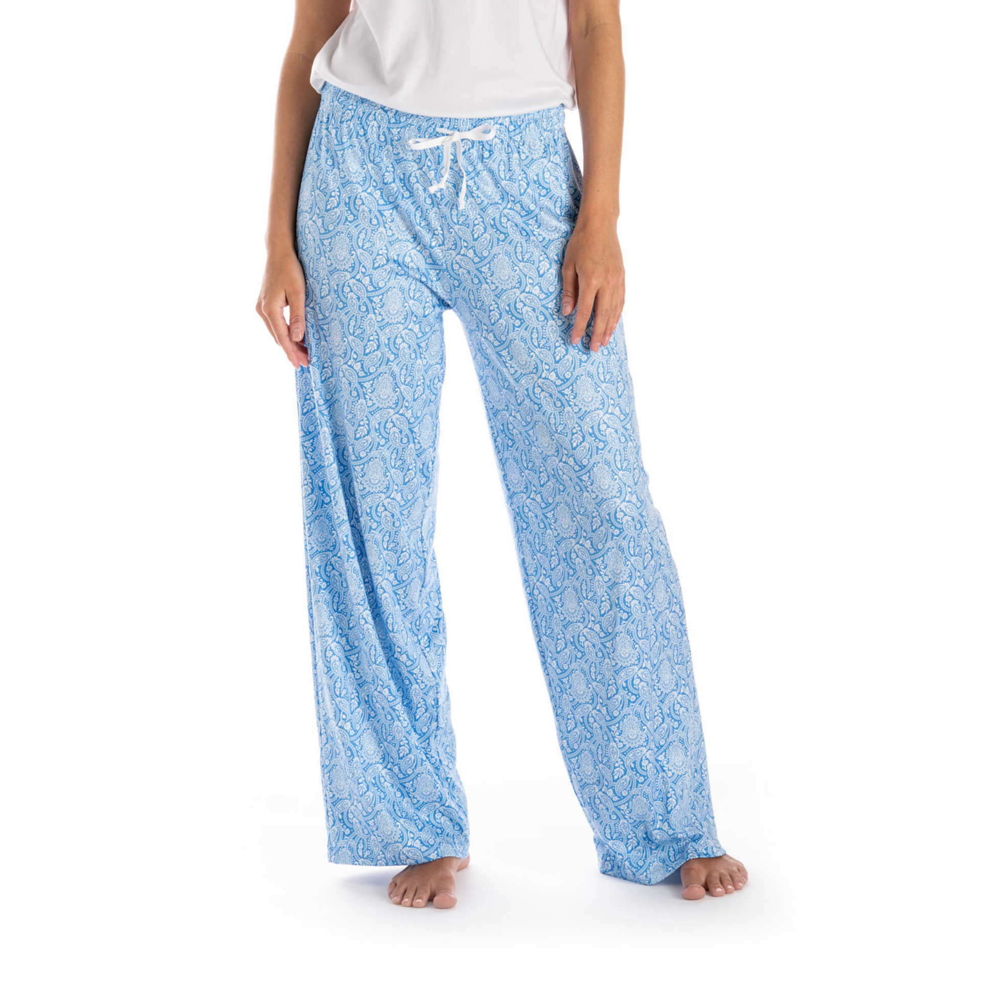 Super soft blue and white paisley print loungewear pants with drawstring