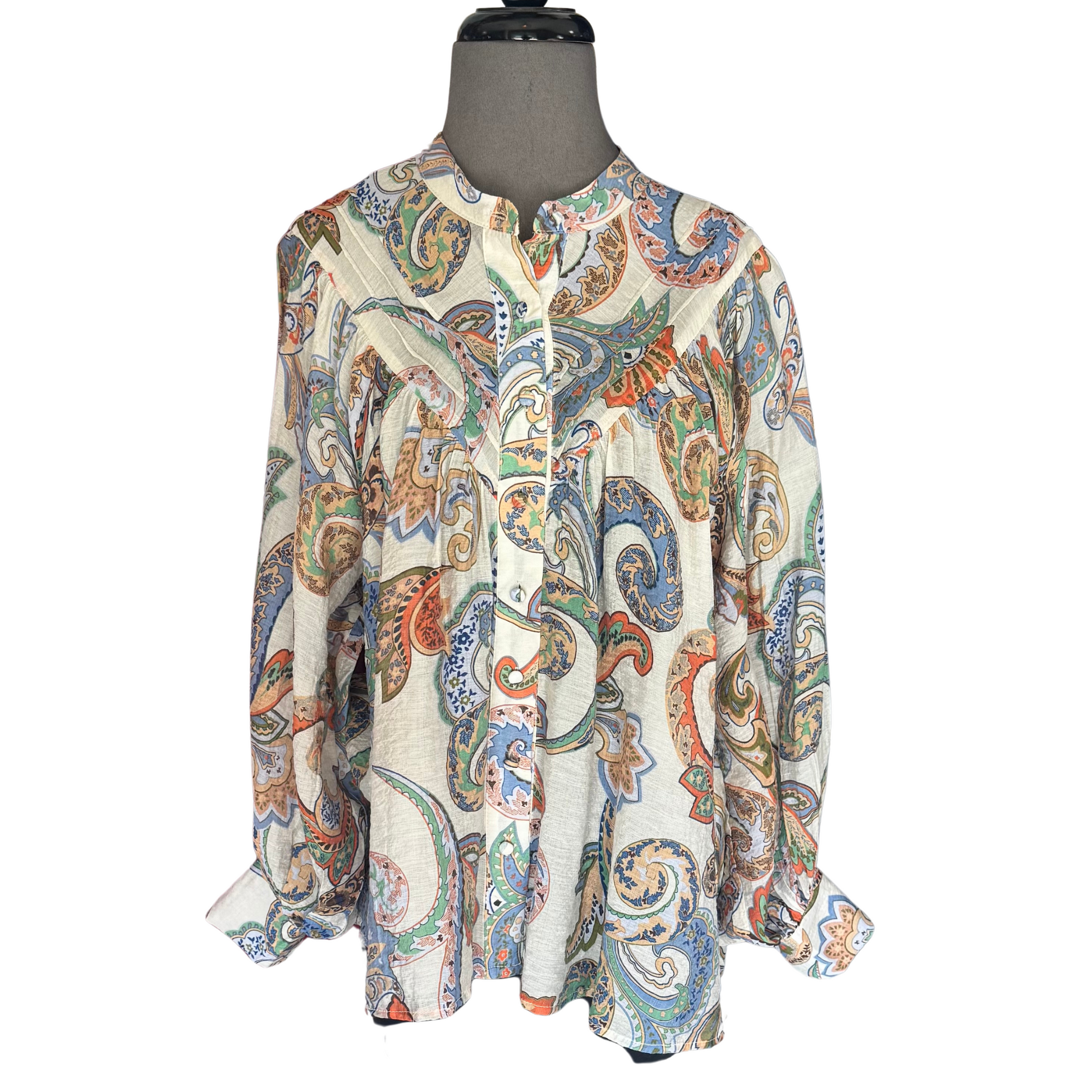 The Paisley Print Bubble Sleeve Top features a unique blue mix paisley print and comfortable bubble sleeves. Enjoy the stylish design and quality of Ee:some brand.