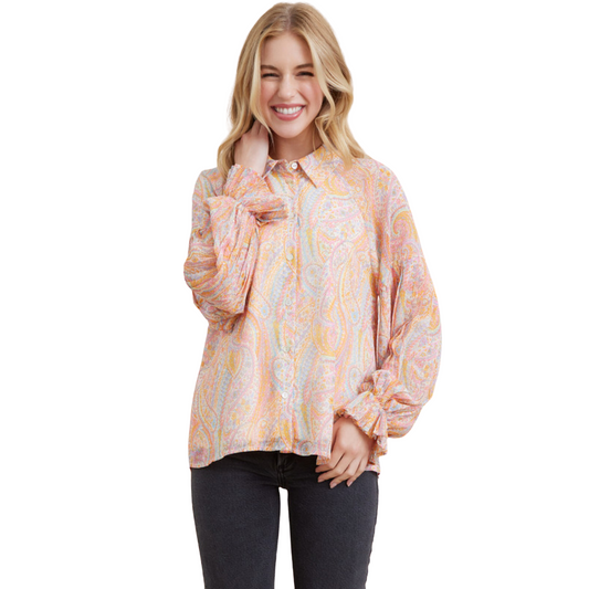 Showcase your unique style in this paisley print chiffon top. Features include a collared neck, button-front closure, and raglan pleated poet sleeves. Non-sheer and lightweight for effortless everyday wear.