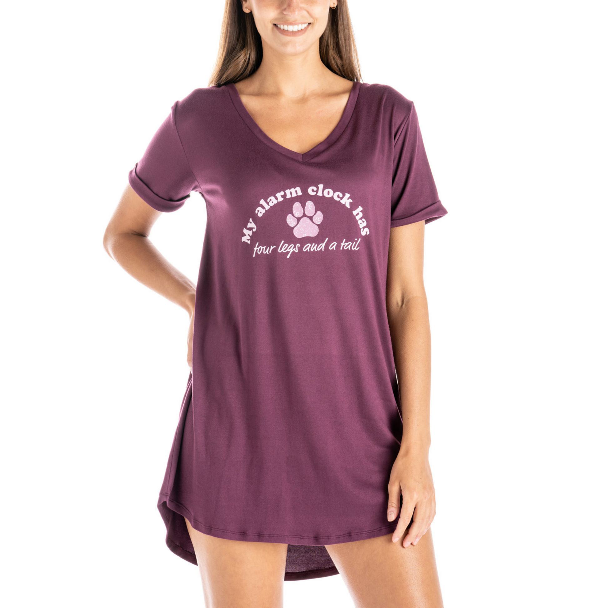 "My alarm clock has four legs and a tail" super soft maroon colored sleepshirt