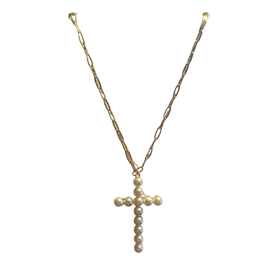 Add a touch of elegance to your outfit with the Pearl Heart Necklace by Pomina. Crafted with a durable gold chain link design and adorned with a dainty pearl cross accent, this long necklace exudes sophistication and grace. Perfect for any occasion, this necklace is a timeless addition to your jewelry collection.