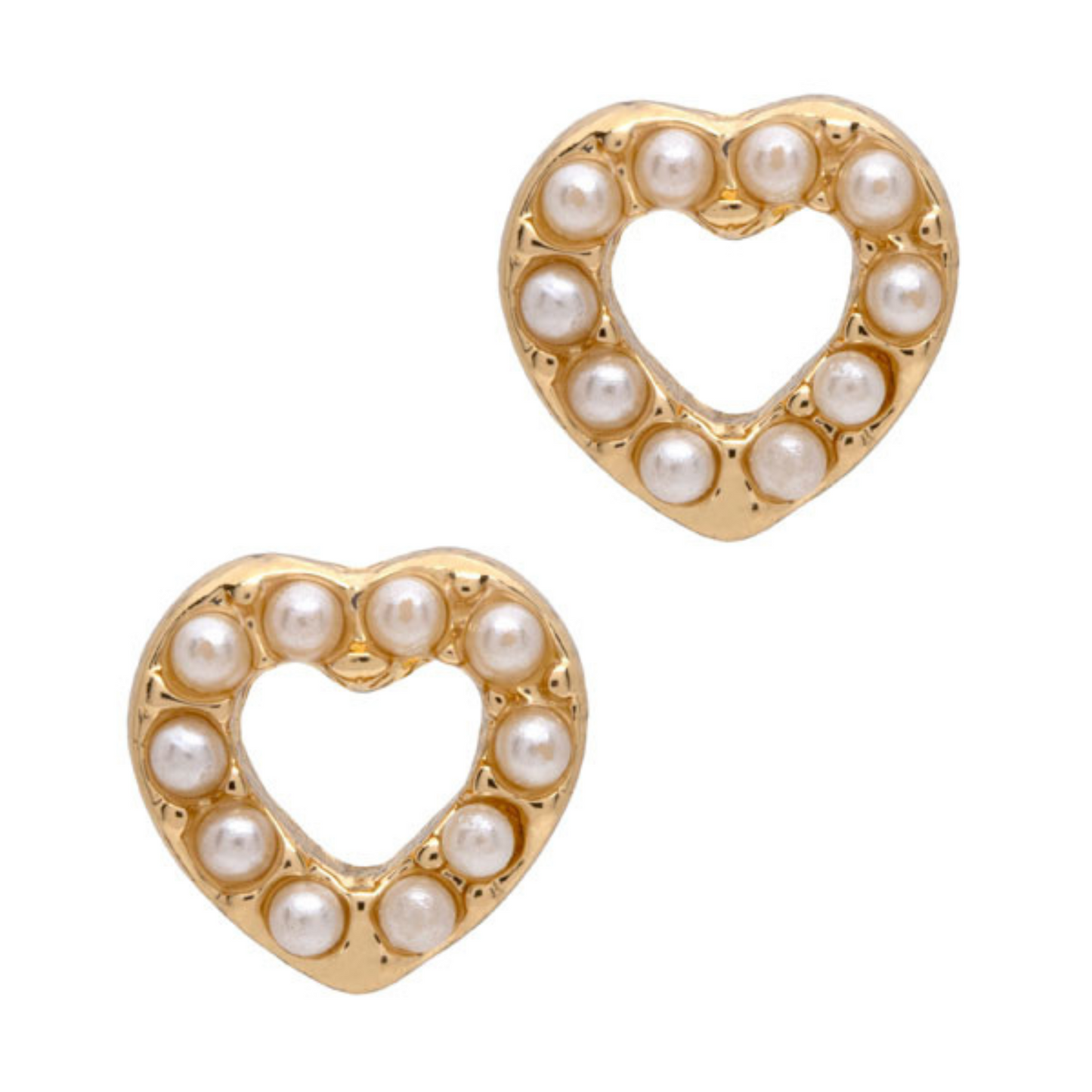 small gold heart shaped stud earrings with pearl accents
