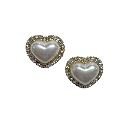 Add a touch of elegance to your outfit with our Pearl Heart Earrings. Crafted in gold with a white heart and rhinestone accent, these stud earrings add a subtle sparkle to any look. Perfect for both casual and formal occasions.