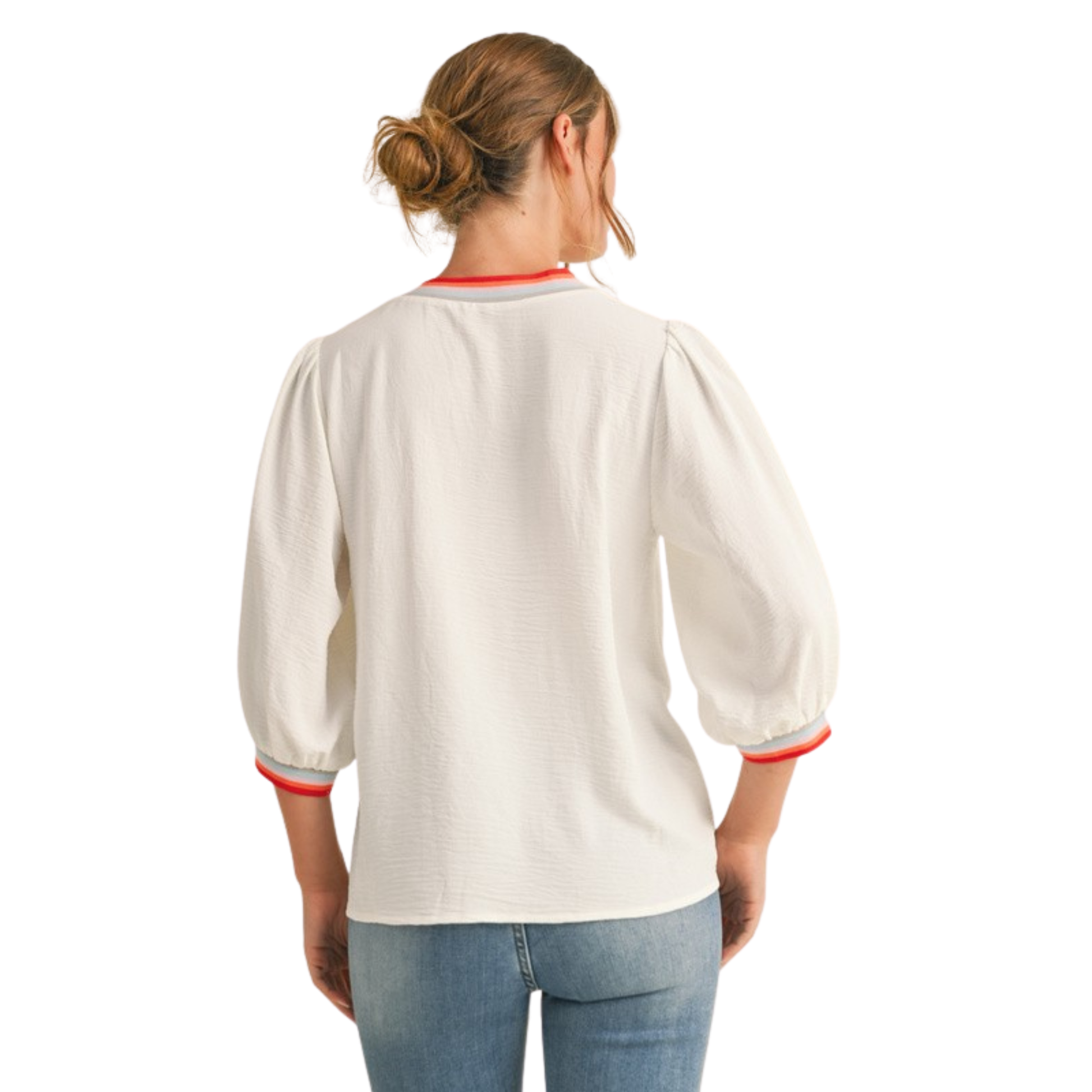 This Plus size Jodifl peasant sleeve top combines timeless elegance with contemporary styling. The off-white colorway offers neutral versatility, while the three-quarter length peasant sleeves provide a refined silhouette with romantic appeal. The gathered sleeve detail creates visual interest and movement, making this piece ideal for both professional and casual settings. Crafted with attention to quality construction, it pairs effortlessly with tailored bottoms or layered pieces. 