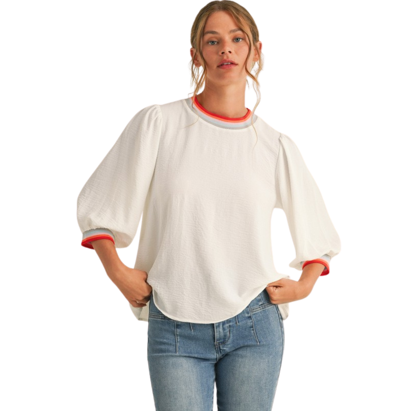 This plus size Jodifl peasant sleeve top combines timeless elegance with contemporary styling. The off-white colorway offers neutral versatility, while the three-quarter length peasant sleeves provide a refined silhouette with romantic appeal. The gathered sleeve detail creates visual interest and movement, making this piece ideal for both professional and casual settings. Crafted with attention to quality construction, it pairs effortlessly with tailored bottoms or layered pieces.