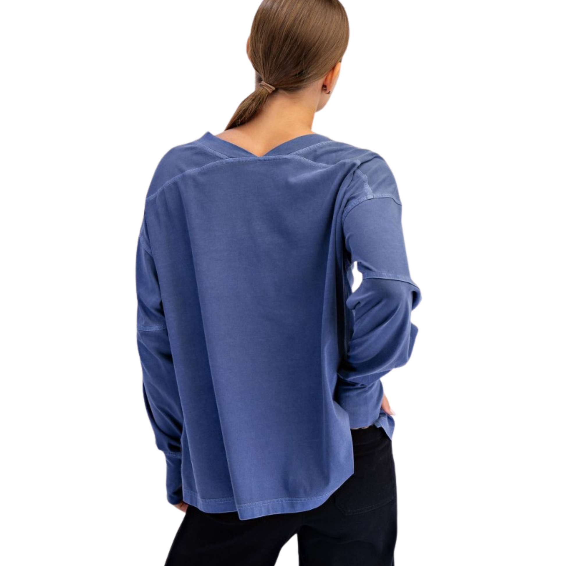 Experience timeless comfort with the Pigment Washed V-Neck Top by Rae Mode. This navy long-sleeve features a flattering V-neckline and a soft pigment-washed finish that adds subtle vintage character. Its lightweight, breathable fabric ensures all-day wearability, making it an essential layering piece for a refined casual wardrobe.