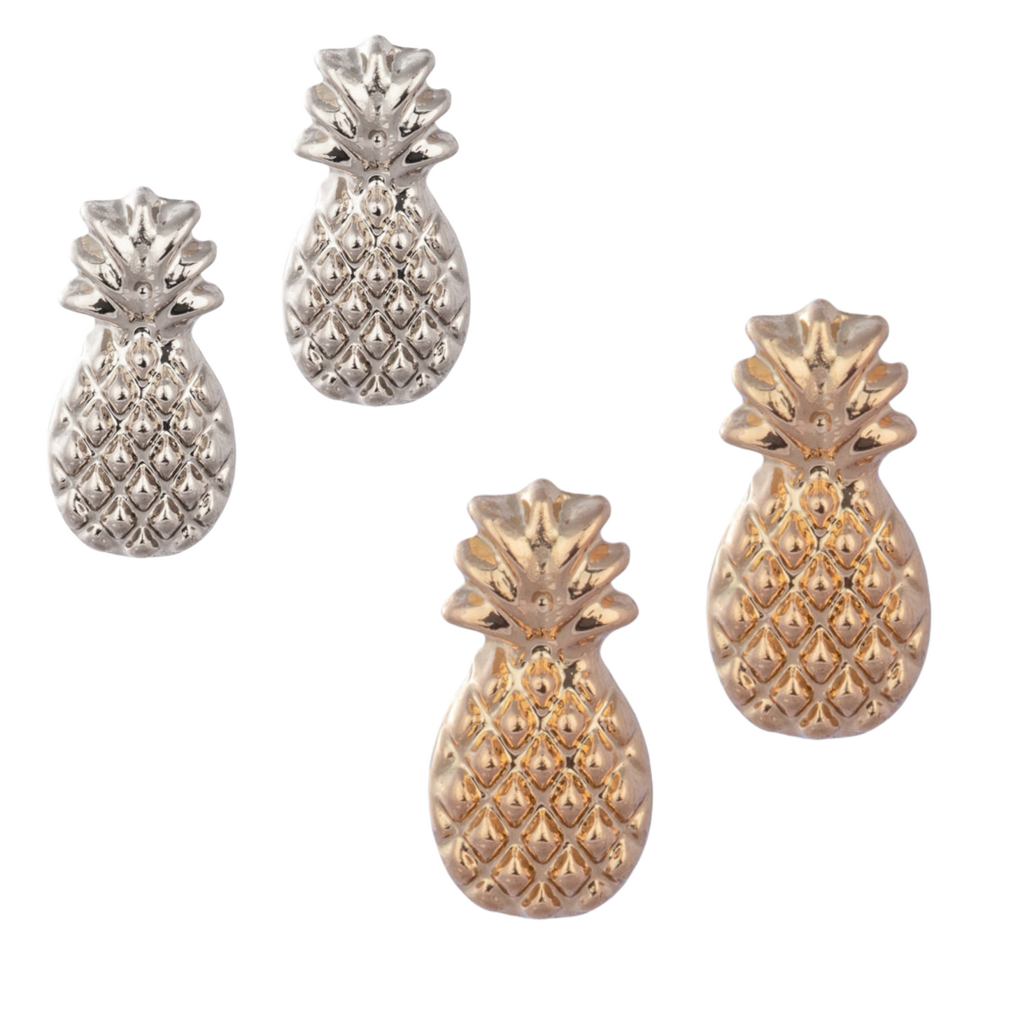 Pineapple stud earrings. Available in silver and gold