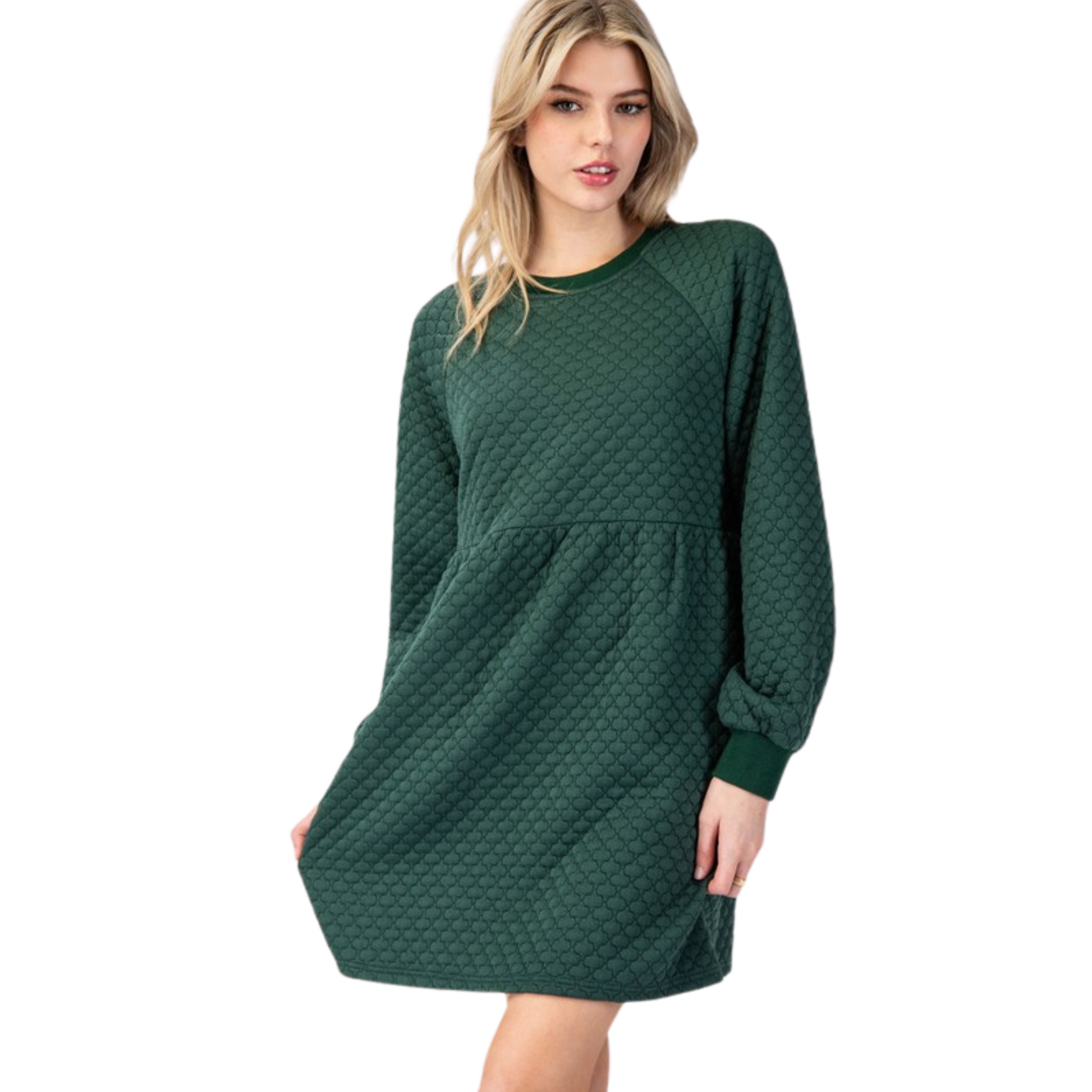 This ee:some Textured Babydoll Dress is a mini dress in a beautiful pine color. Made with long sleeves, it offers a flattering, comfortable fit while showcasing a trendy look. Perfect for a night out or a casual day, this dress is a versatile addition to any wardrobe.