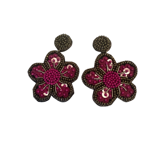pink and gold beaded flower dangle earrings
