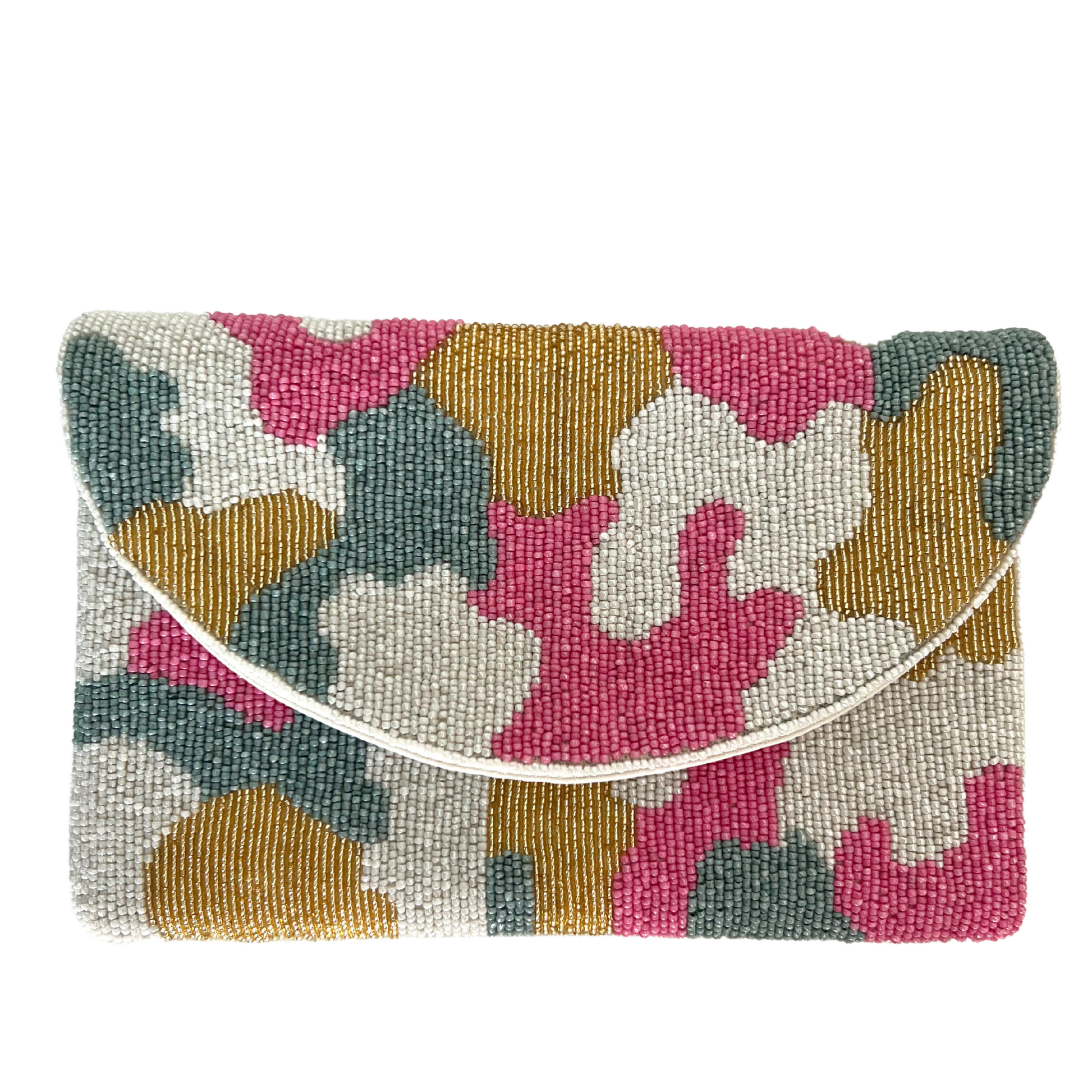 pink camo print beaded clutch