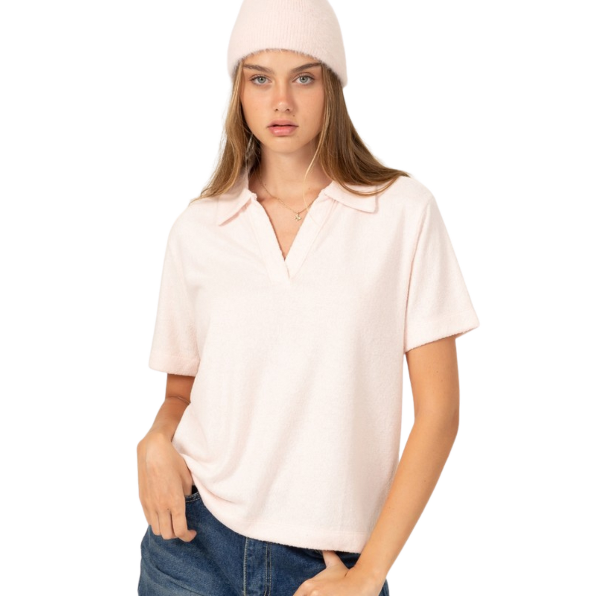 Collared short sleeve top in pale pink
