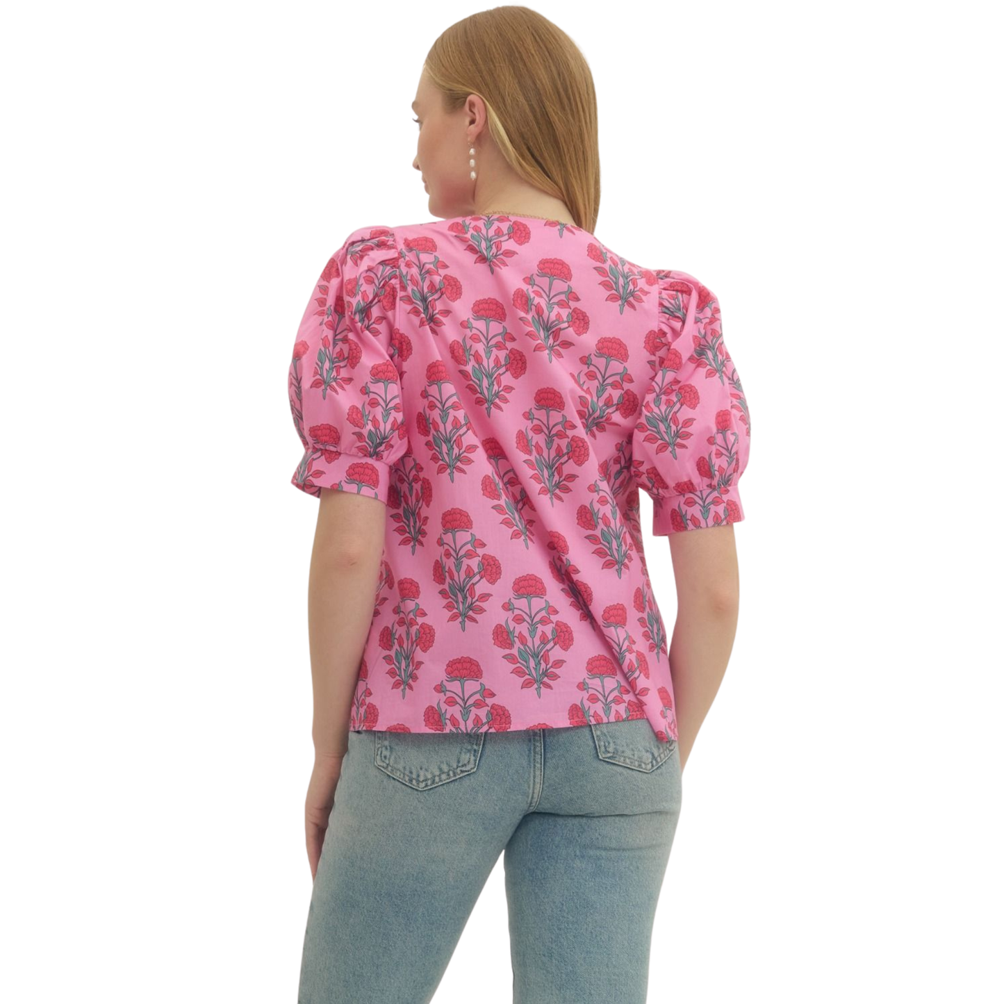 Elevate your wardrobe with this charming Puff Sleeve V-Neck Top by Entro. Featuring a delicate pink floral print, this piece combines feminine style with everyday versatility. The flattering v-neckline and soft puff sleeves create a romantic silhouette perfect for casual outings, brunch dates, or layering under your favorite jacket. Crafted with quality construction, this top pairs effortlessly with jeans, skirts, or trousers for a polished look that transitions seamlessly from day to night.