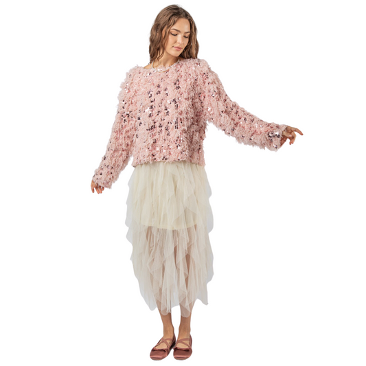 This plus size  Fuzzy Feather Knit Sweater Top features oversized, long sleeves with drop shoulders and a round neck for comfortable, cozy wear. Perfect for layering over winter ensembles, this holiday-inspired top is sure to keep you warm and stylish in chilly weather.