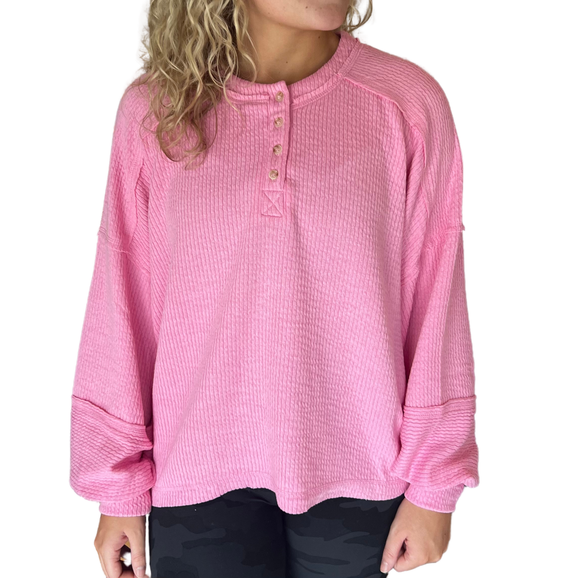 Plus size long sleeve ribbed henley top in pink