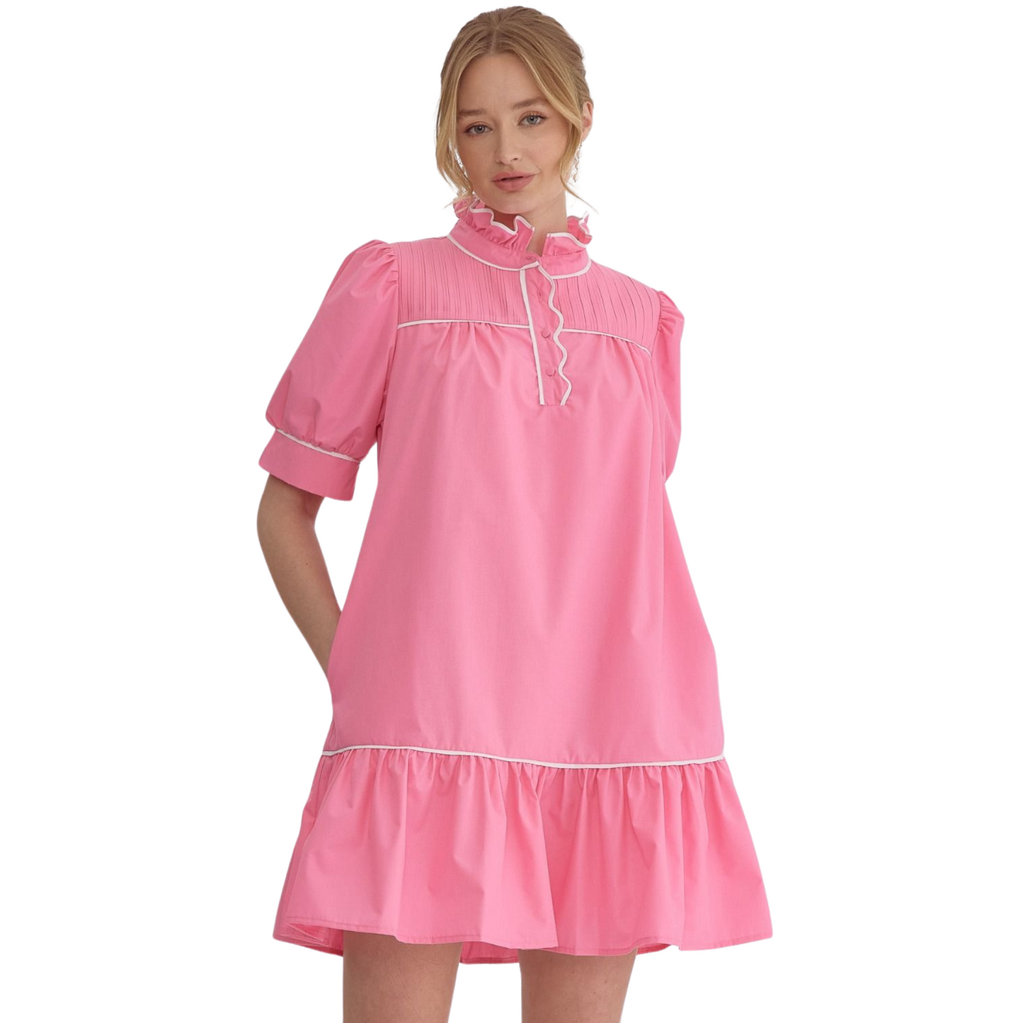 This solid high neck mini dress features a unique ruffled neckline and button up detail at the front. With convenient side pockets and a lightweight, non-sheer woven fabric, this dress is both stylish and practical. Its solid trim and lined design add extra sophistication.