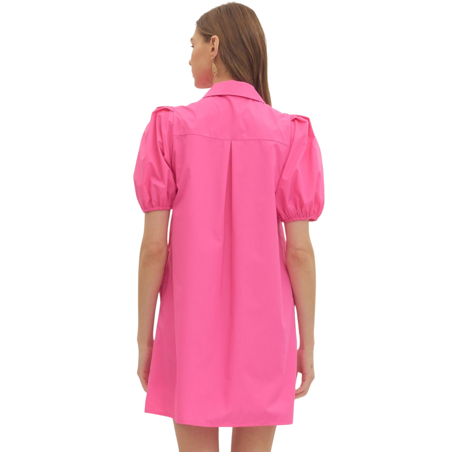 Elevate your wardrobe with this charming Entro mini dress, featuring delicate puff sleeves that add a romantic touch to any occasion. The soft pink hue creates a fresh, feminine aesthetic, while the scalloped floral cutout detailing at the hem brings sophisticated elegance to this playful silhouette. Perfect for date nights, brunch, or casual outings, this dress combines comfort with style. The fitted bodice and flowing skirt create a flattering shape that works for various body types. 
