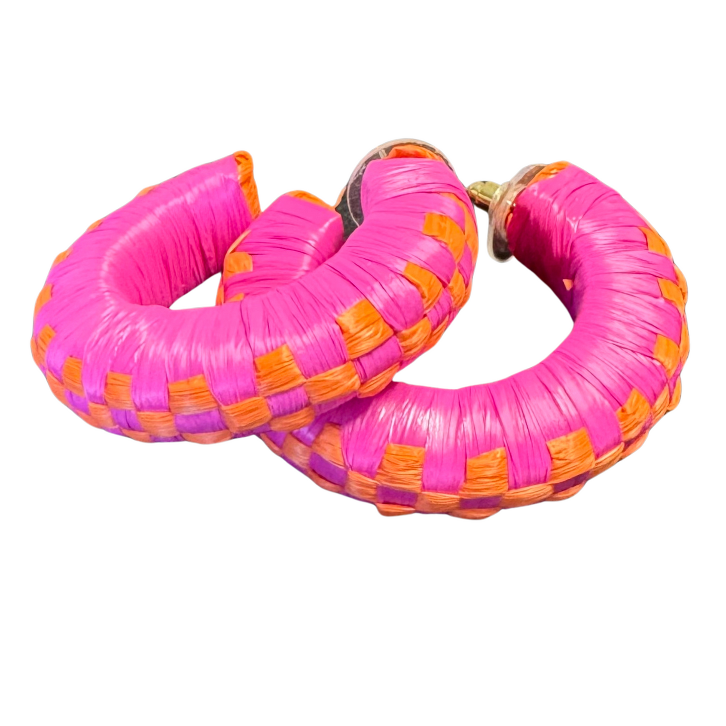 Raffia Wrapped Plaid Hoops in pink and orange