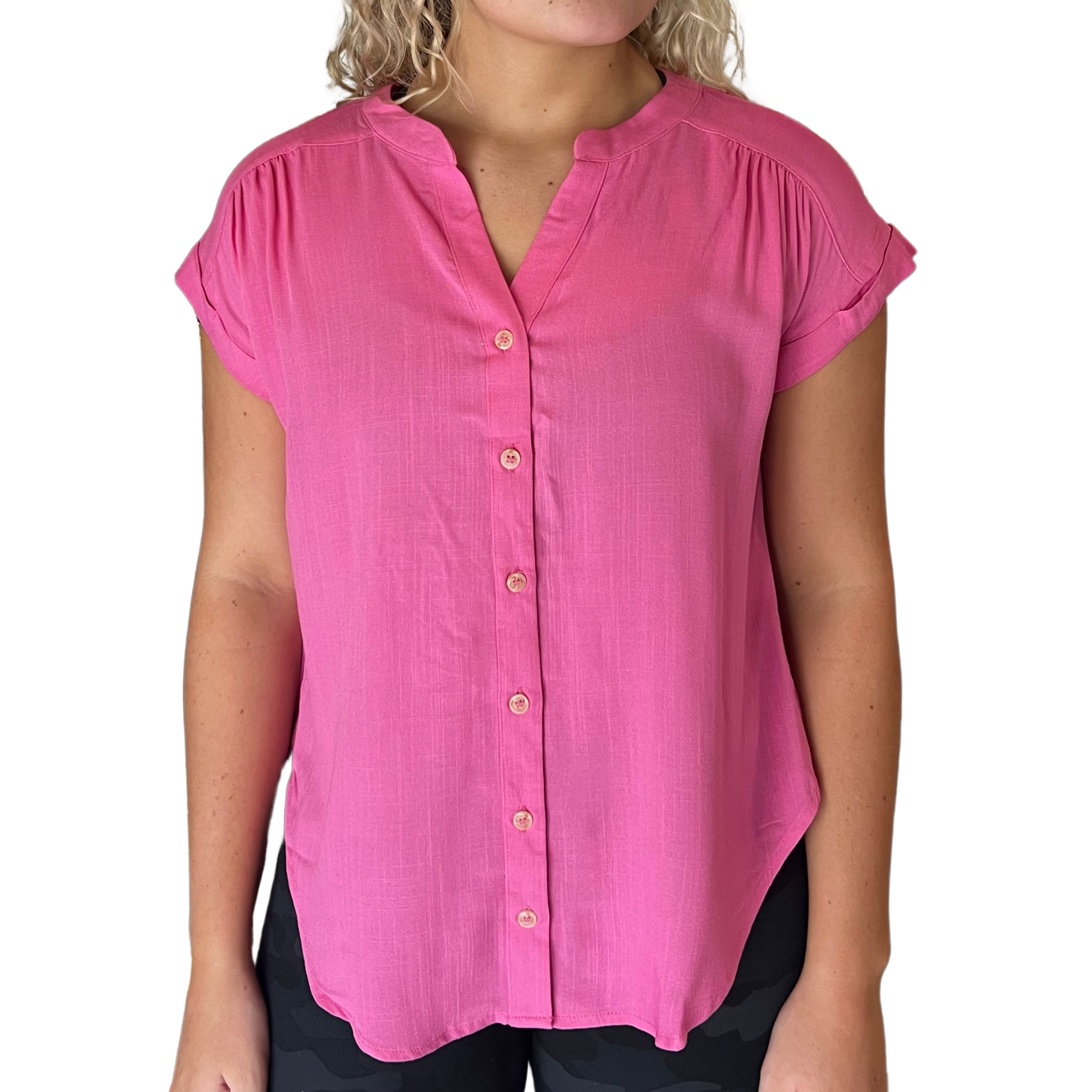 Rolled sleeve woven top in light fuchsia 