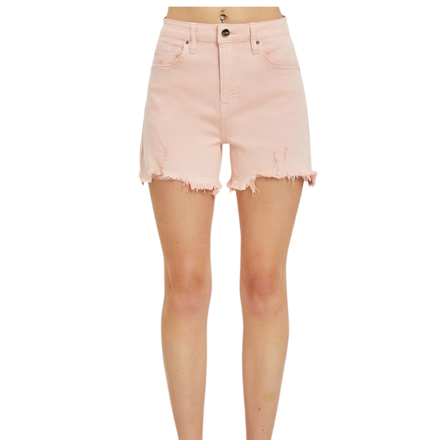 Soft pink Raw Hem Shorts by Risen featuring a distressed design for an effortlessly cool, lived-in look. The raw hem adds an edgy touch while maintaining a relaxed fit perfect for casual styling. Pair with your favorite tee or crop top for an on-trend summer vibe.