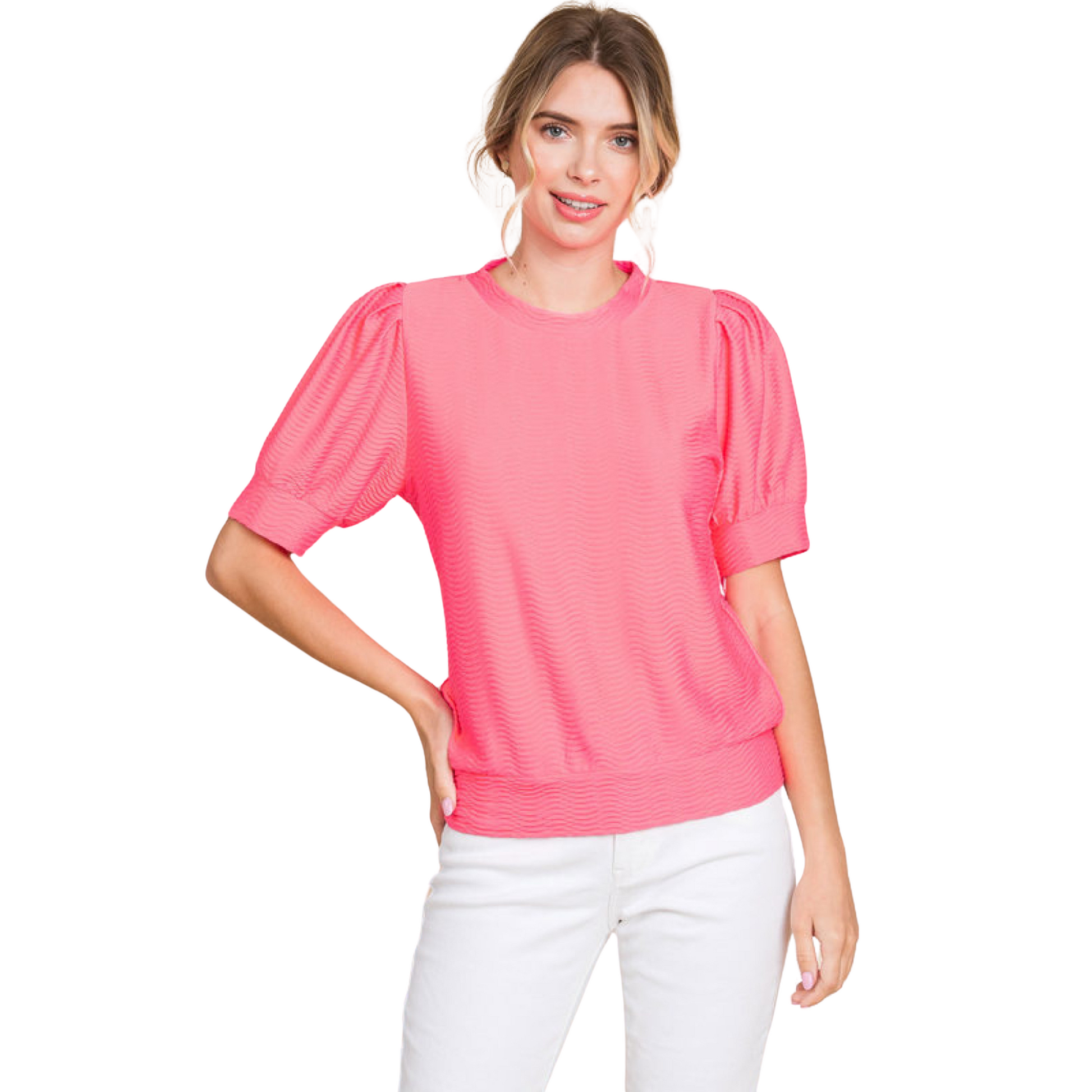 Textured short sleeve top in neon pink