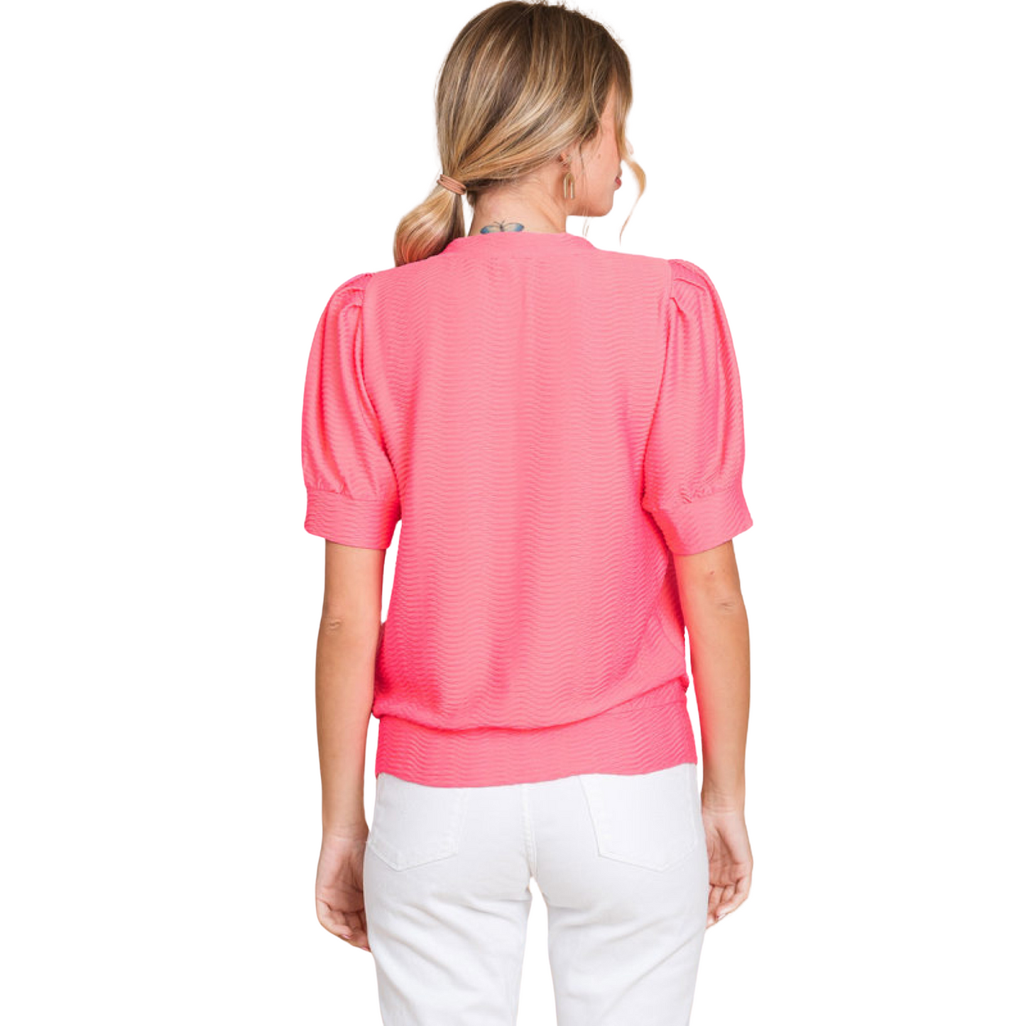 Textured short sleeve top in neon pink