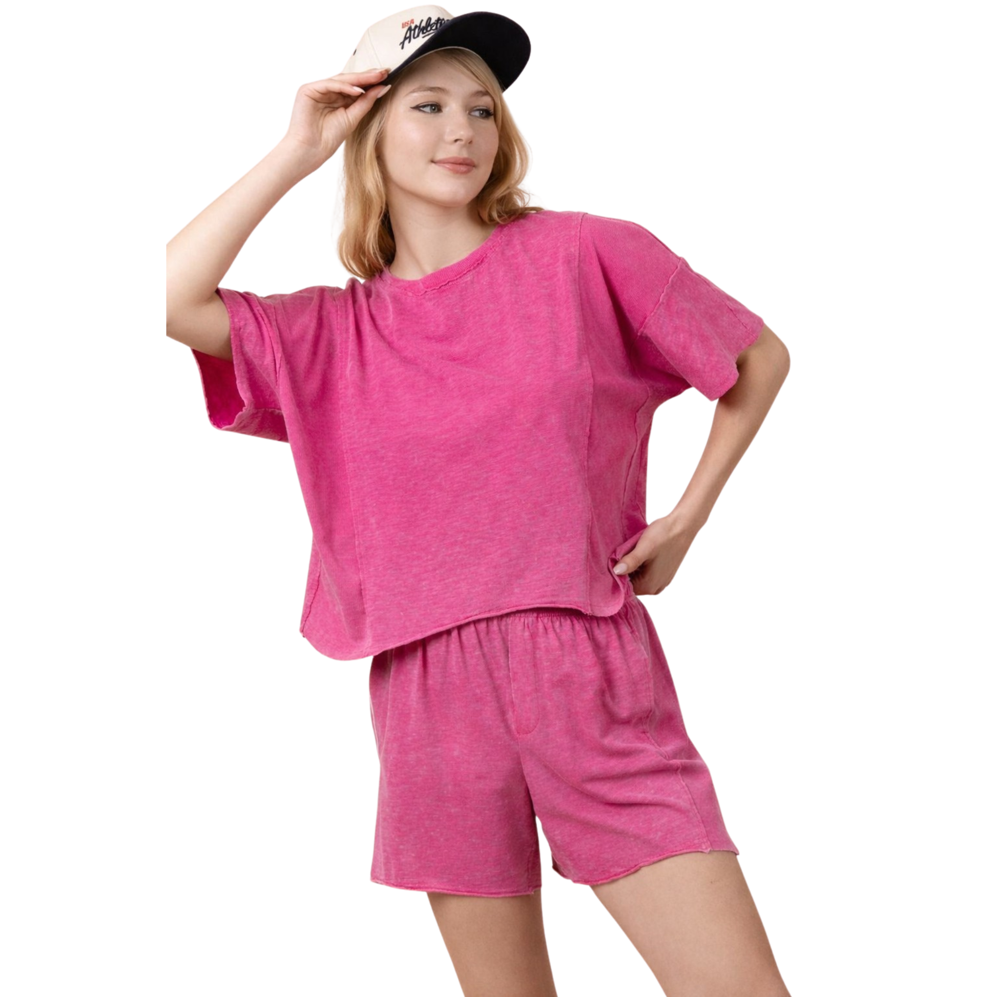 Round neck top and shorts set in pink