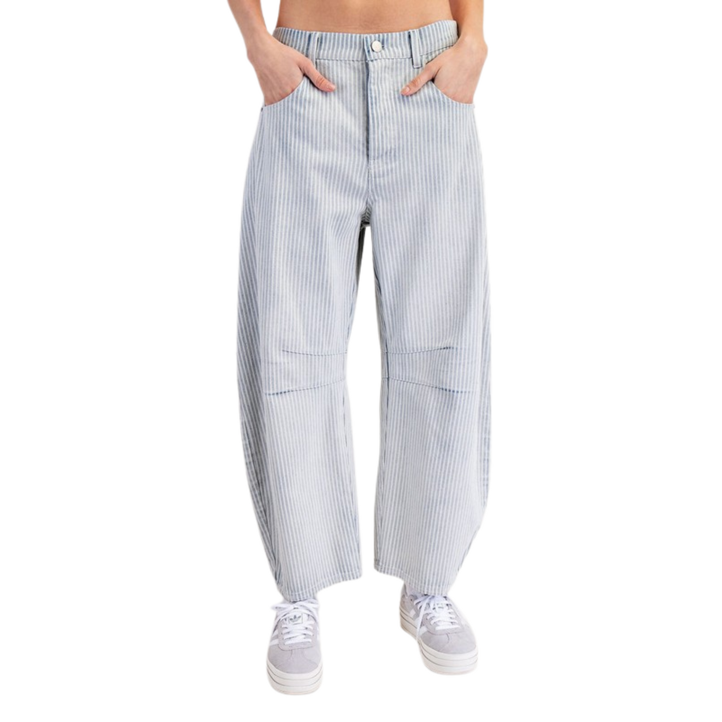 Crafted from the finest quality denim, our Mineral Wash Barrel Jeans feature a unique mineral wash finish and subtle pinstripe design. Expertly designed by some brand, these barrel jeans offer superior style and comfort in one sleek package. Elevate your wardrobe with these must-have jeans.