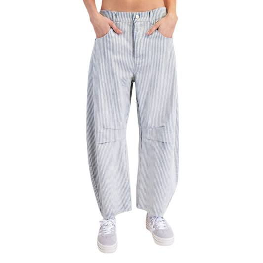 Crafted from the finest quality denim, our Mineral Wash Barrel Jeans feature a unique mineral wash finish and subtle pinstripe design. Expertly designed by some brand, these barrel jeans offer superior style and comfort in one sleek package. Elevate your wardrobe with these must-have jeans.