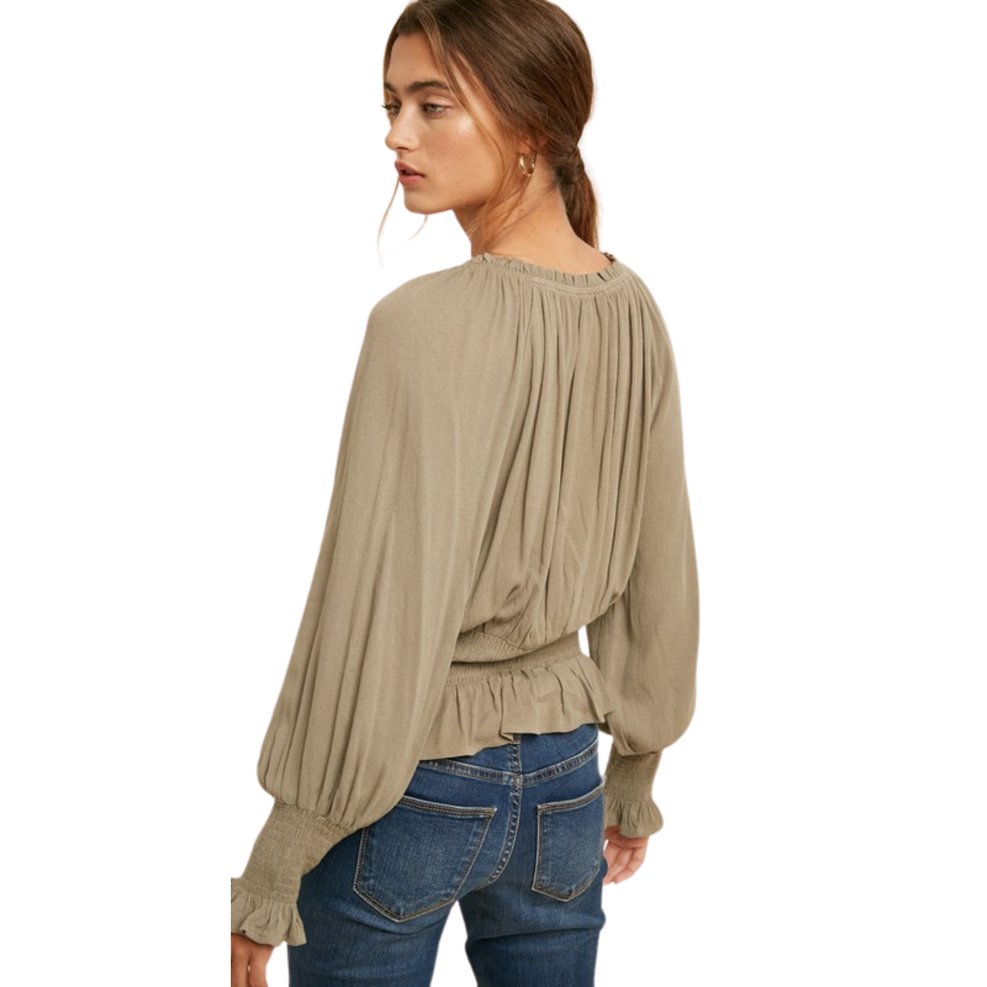 This Pintucked Smocked Lace Blouse is the perfect wardrobe addition for stylish spring looks. The taupe and green accents make the shirt subtly stand out, and the smocked waist creates a flattering silhouette that will flatter any figure. The long sleeve provides extra coverage, and the lace detail pairs perfectly with jeans or trousers.