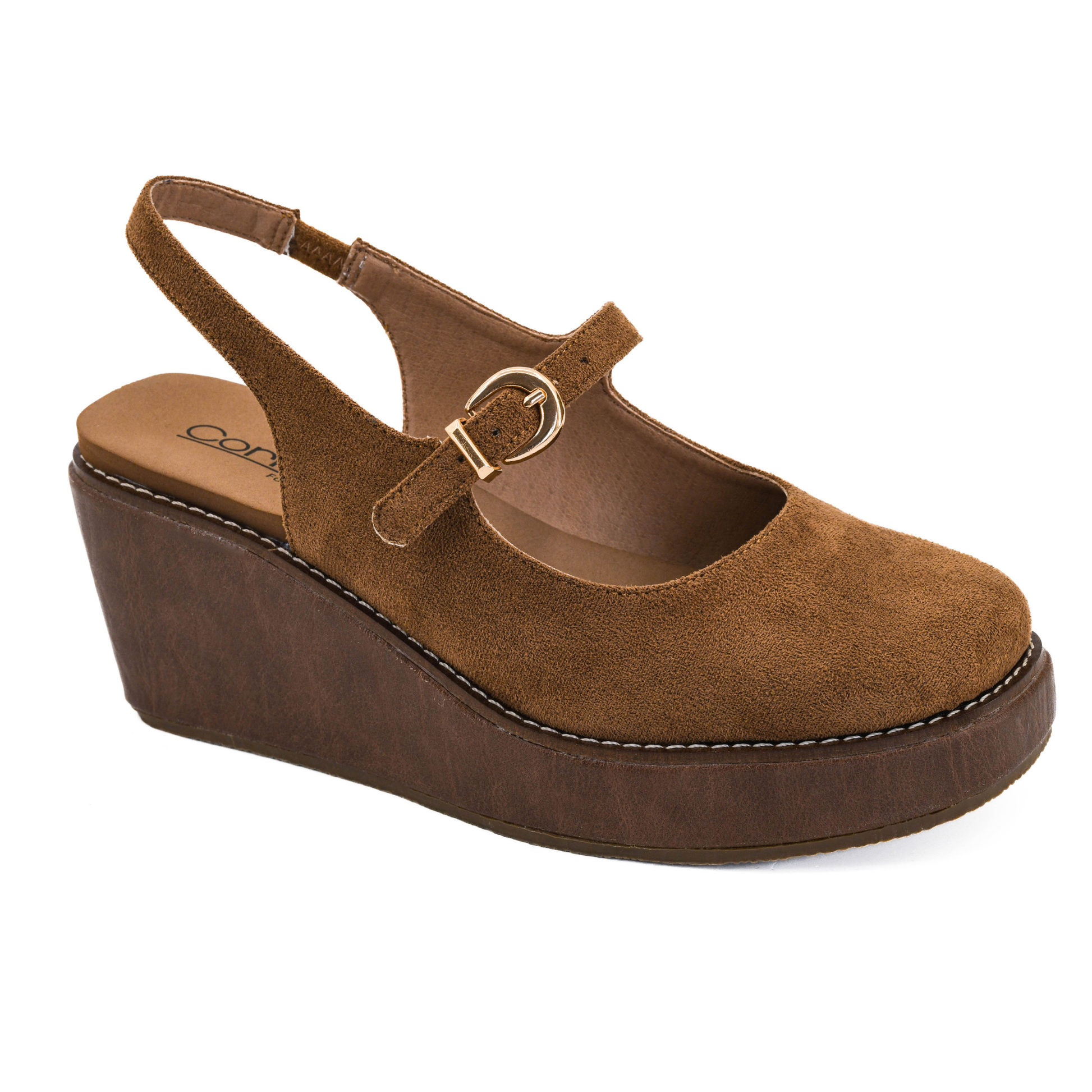 Corkys Pity Party wedged mule in rich chestnut faux suede. Open back design with closed toe construction for versatile everyday wear. Elevated wedge sole provides comfort and height without the commitment of a traditional heel. Perfect for effortless style that transitions from day to night.