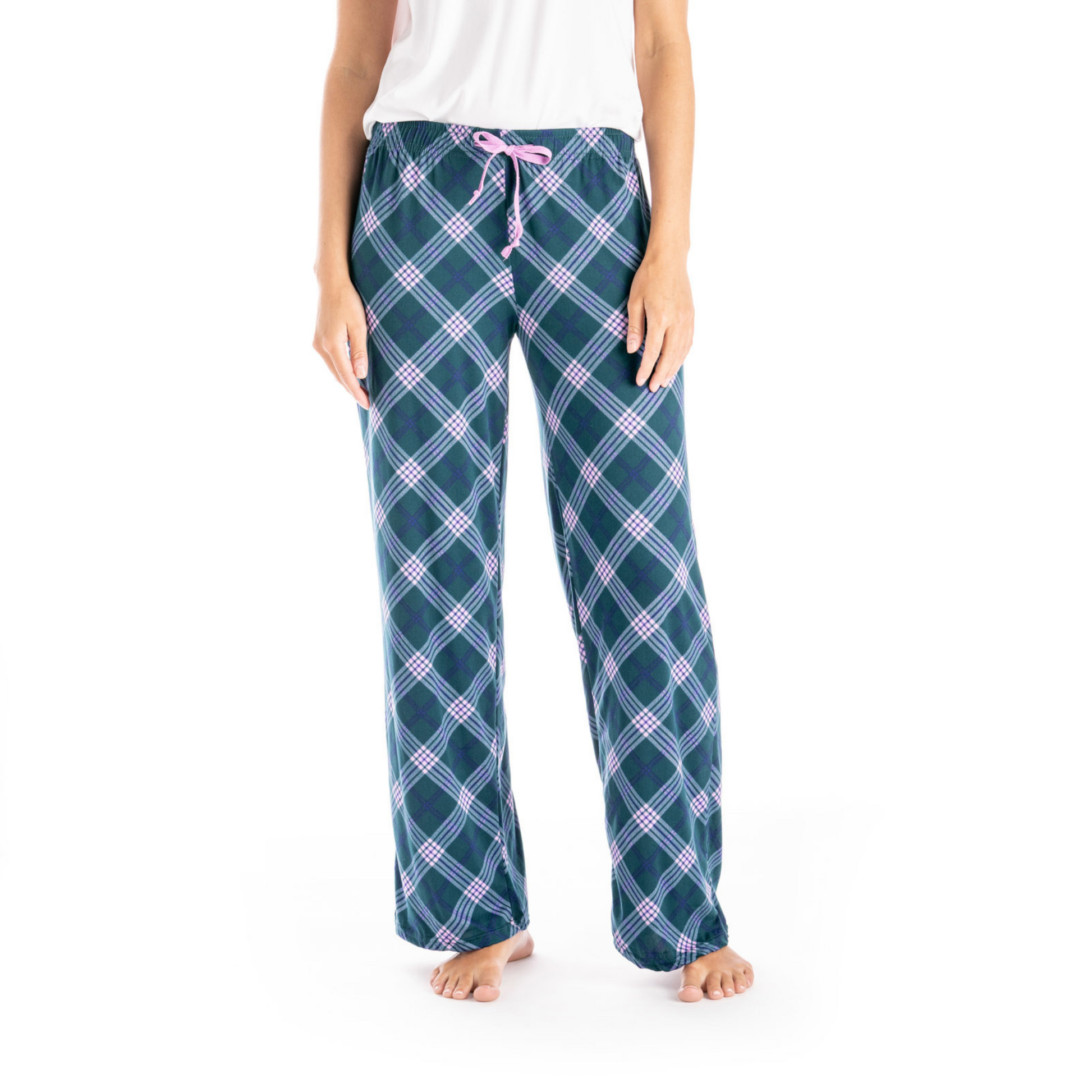 super soft pink and green plaid loungewear pants with drawstring 