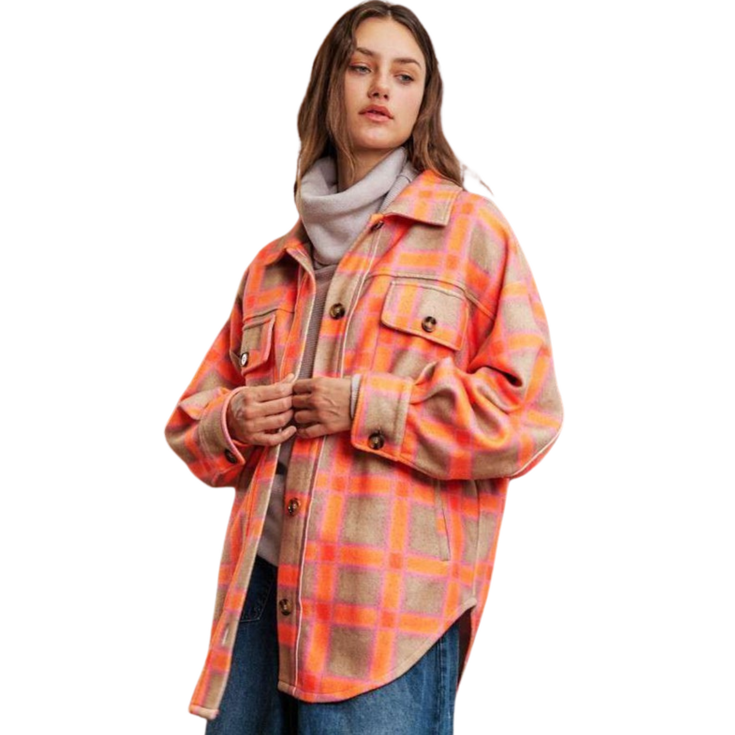 Stay warm in style with this pink and orange Plaid Contrast Shacket. Crafted from fluffy TEDDY BEAR FAUX FUR and featuring a buttoned front closure, this chic shacket adds a cozy layer to your look. Perfect for cold winter days.