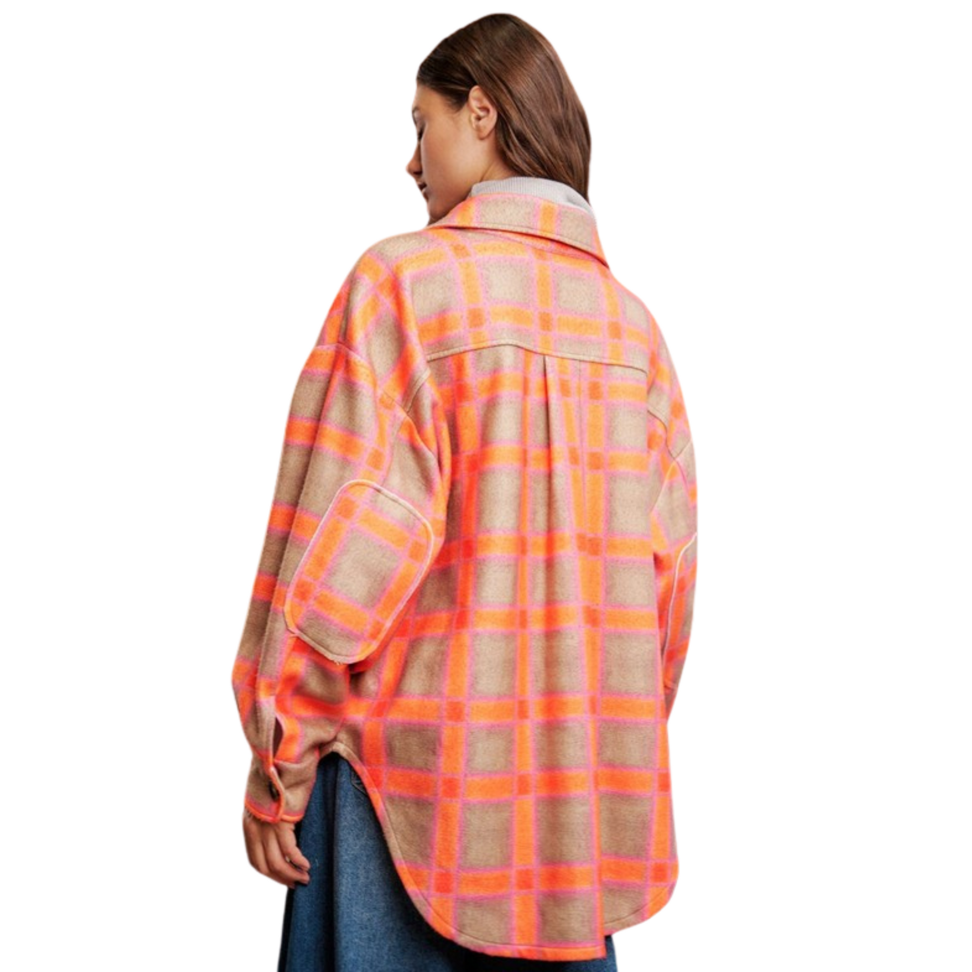 Stay warm in style with this pink and orange Plaid Contrast Shacket. Crafted from fluffy TEDDY BEAR FAUX FUR and featuring a buttoned front closure, this chic shacket adds a cozy layer to your look. Perfect for cold winter days.